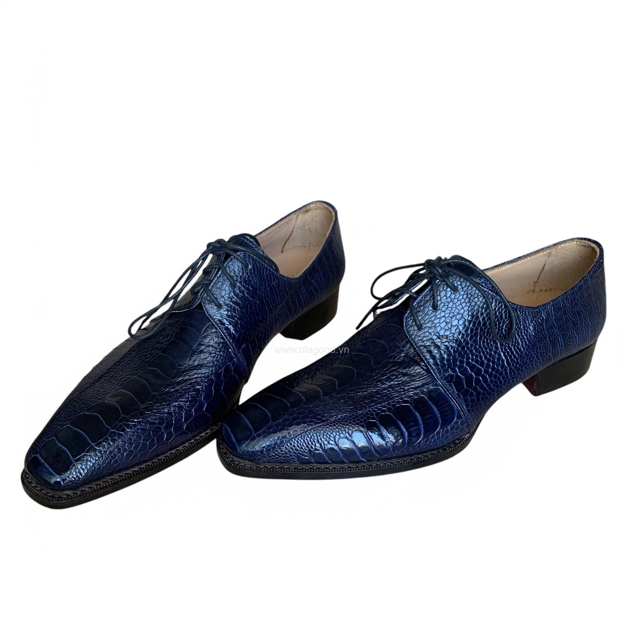 Giày nam da chân đà điểu xanh Navi goodyear handmade– GNGYX012D