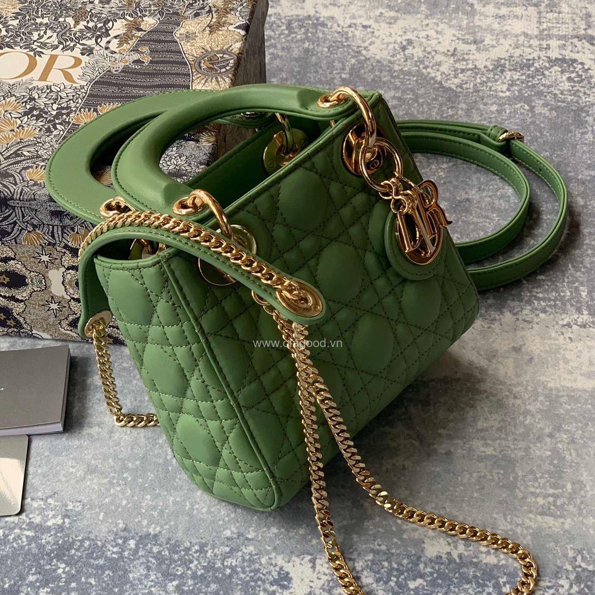 Túi xách dior lady 3 mắt màu xanh lá - DOLX022 - Hình ảnh 2