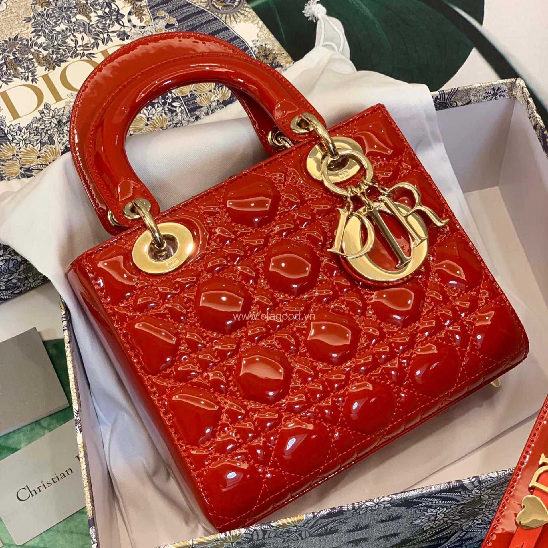 Túi xách dior lady 5 mắt da bóng màu đỏ - DOLD024