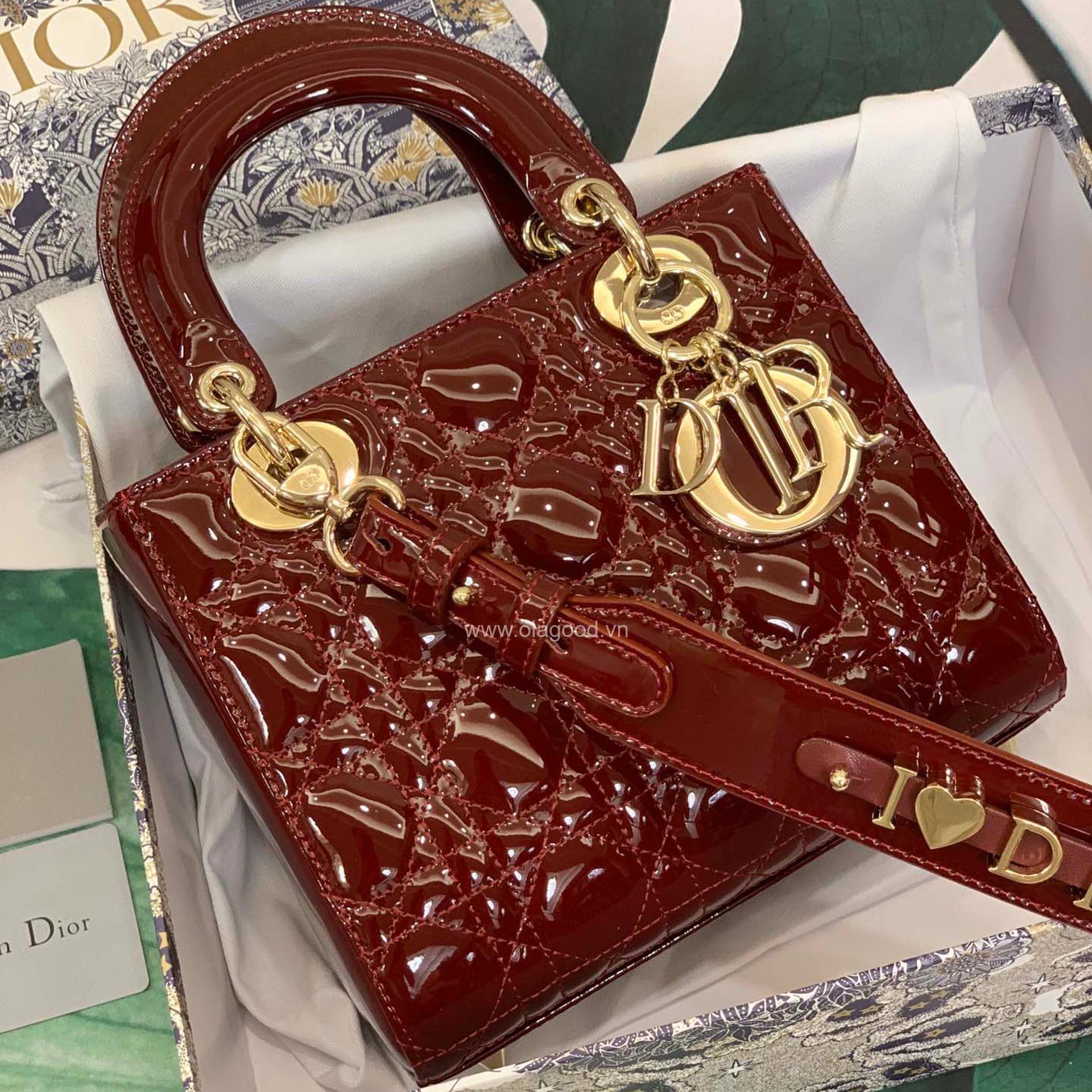 Túi xách dior lady 5 mắt da bóng màu đỏ vang - DOLD025