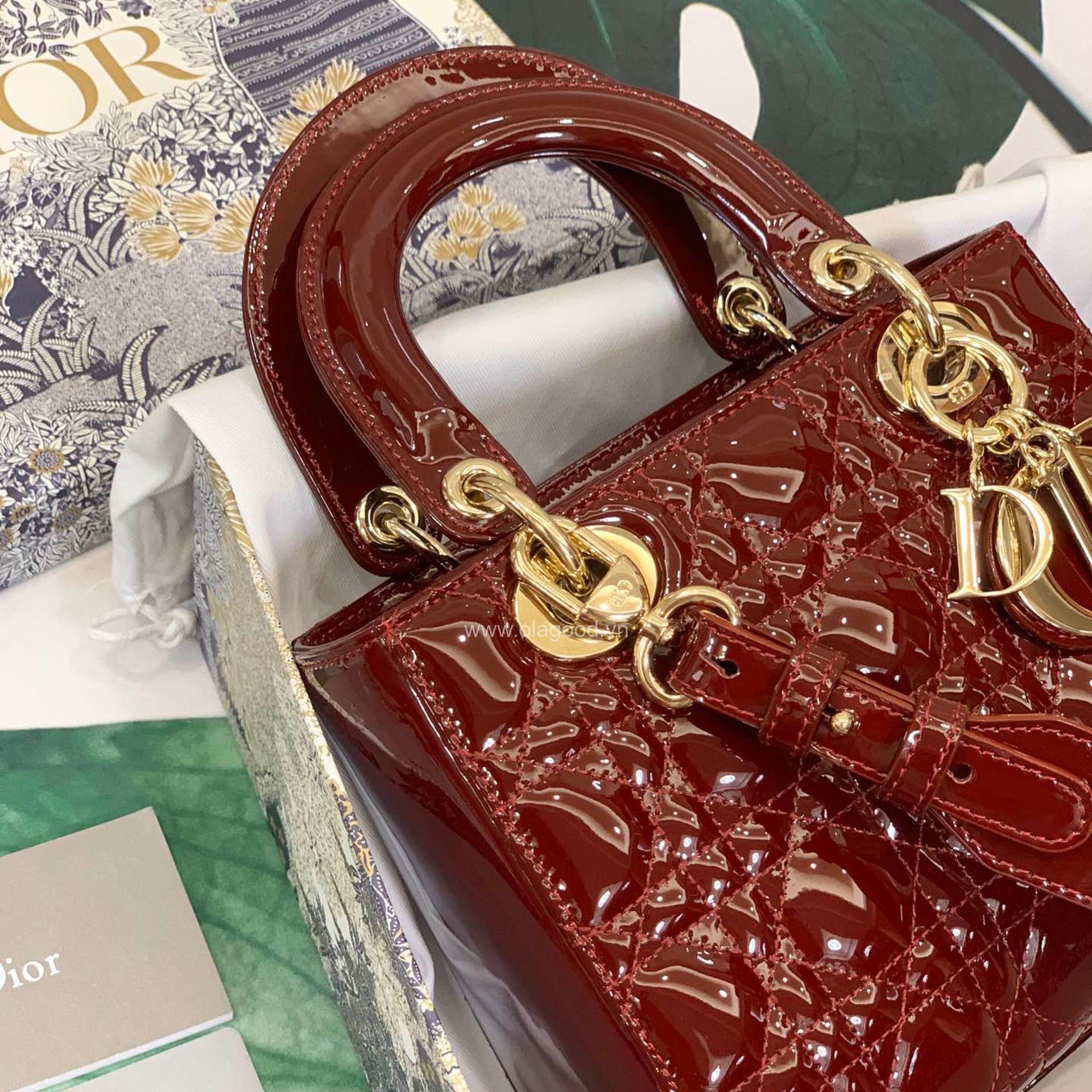 Túi xách dior lady 5 mắt da bóng màu đỏ vang - DOLD025 - Hình ảnh 3