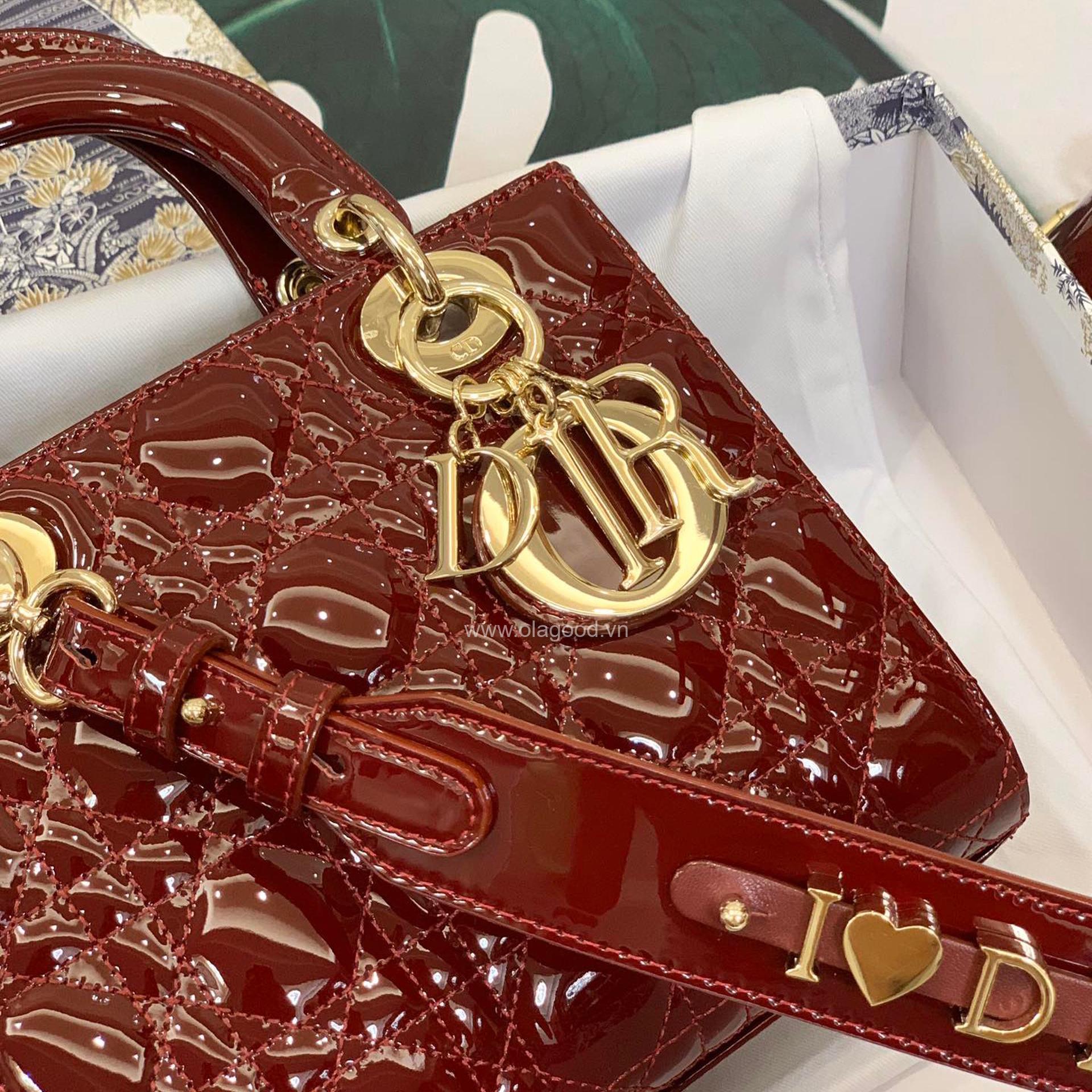 Túi xách dior lady 5 mắt da bóng màu đỏ vang - DOLD025 - Hình ảnh 4