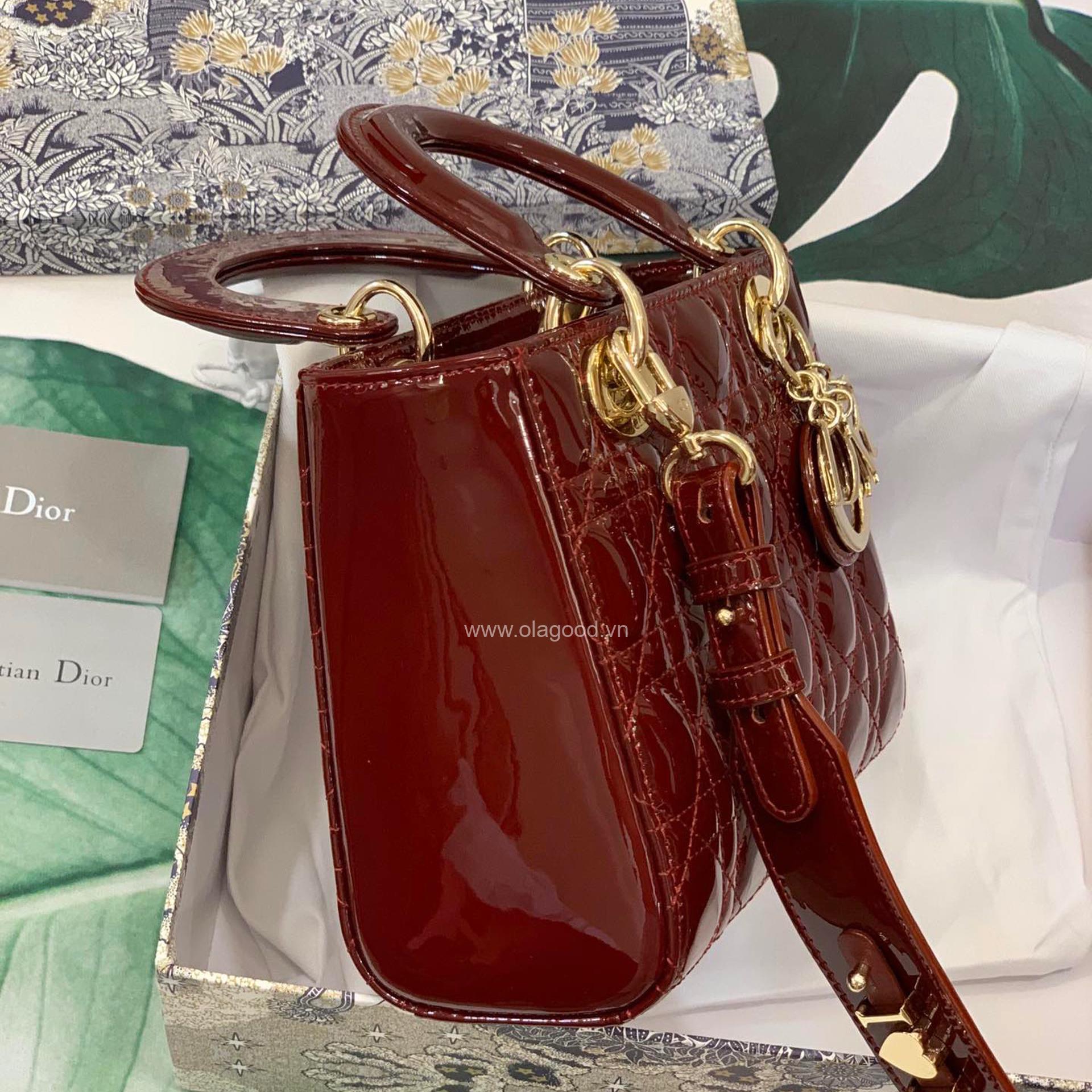 Túi xách dior lady 5 mắt da bóng màu đỏ vang - DOLD025 - Hình ảnh 6