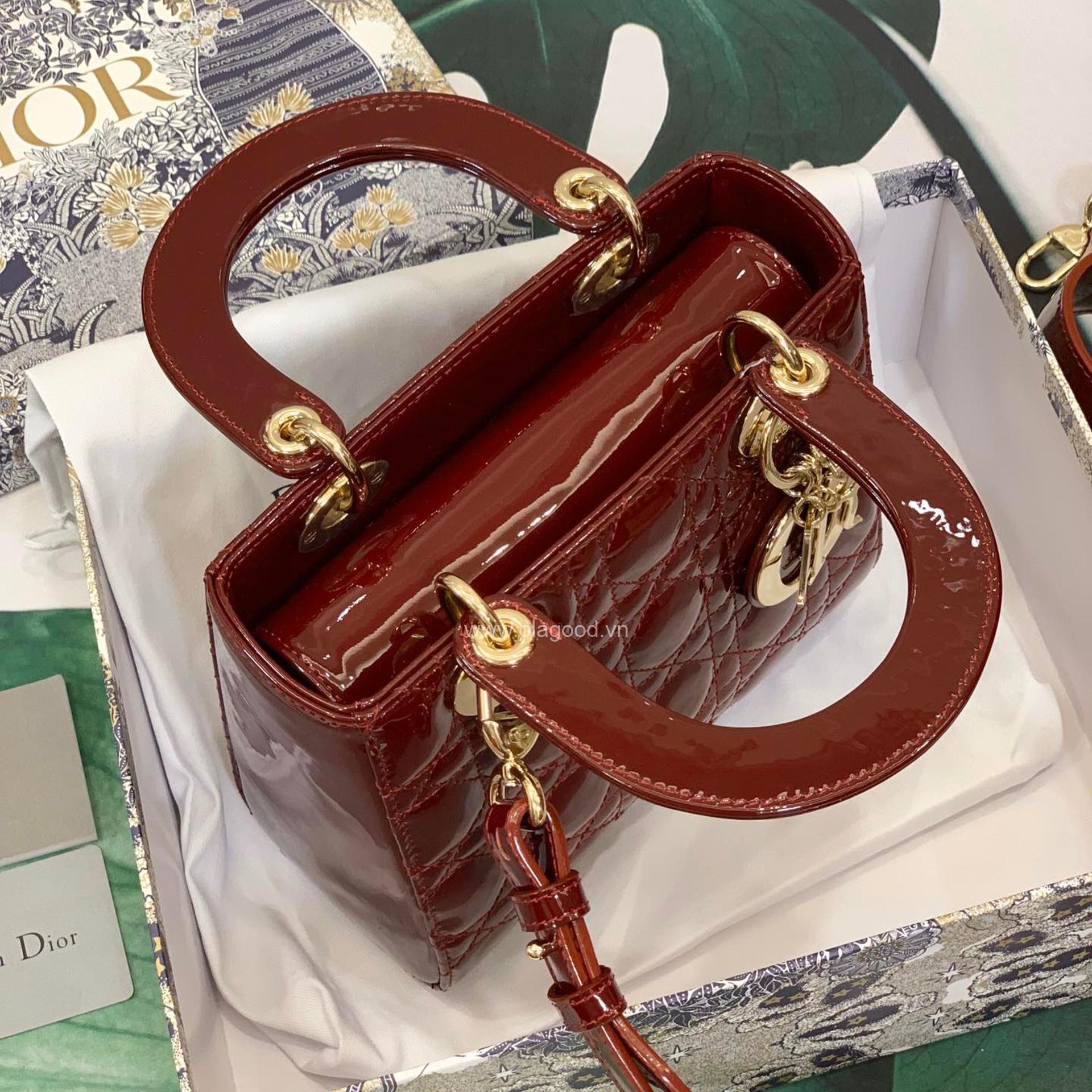 Túi xách dior lady 5 mắt da bóng màu đỏ vang - DOLD025 - Hình ảnh 7