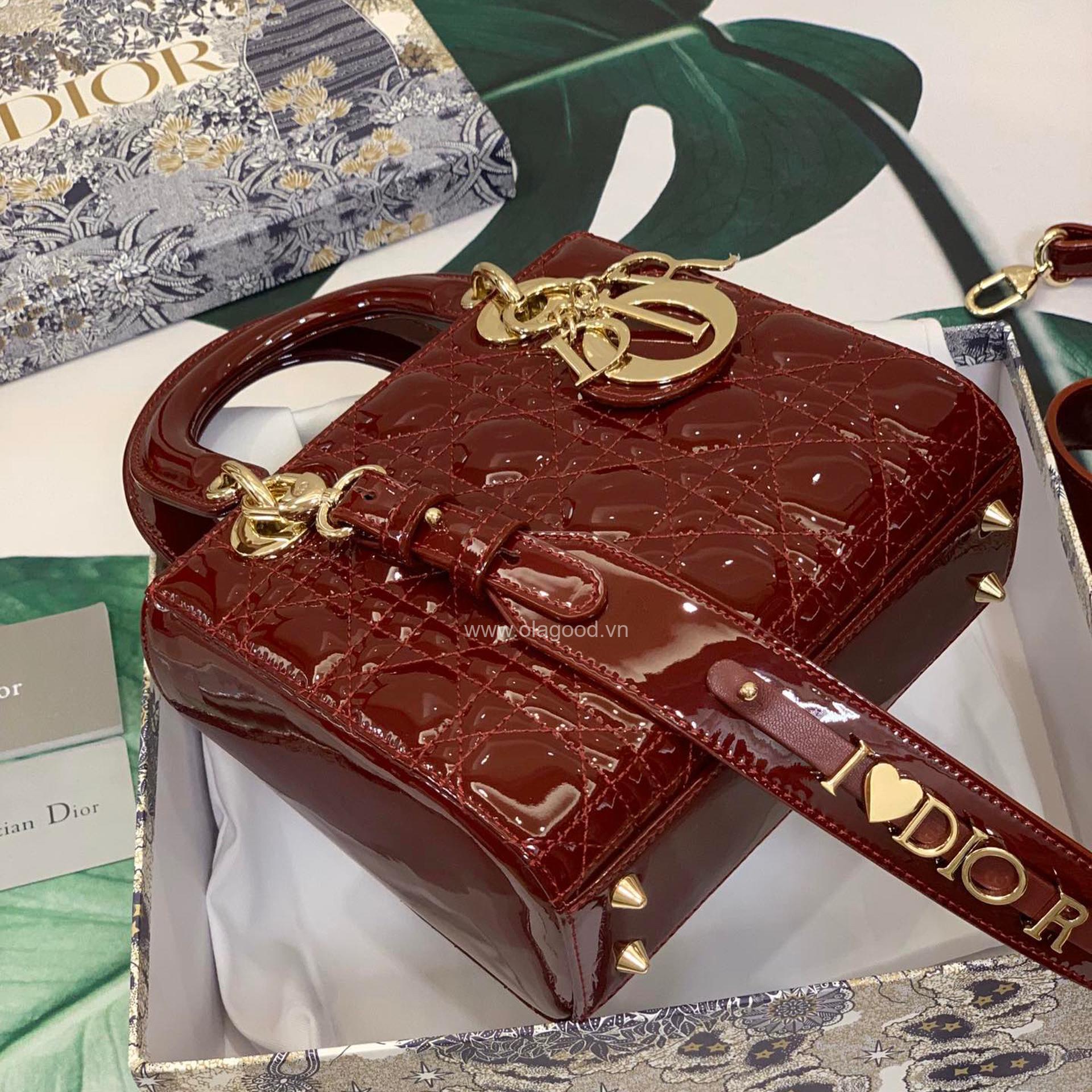 Túi xách dior lady 5 mắt da bóng màu đỏ vang - DOLD025 - Hình ảnh 9
