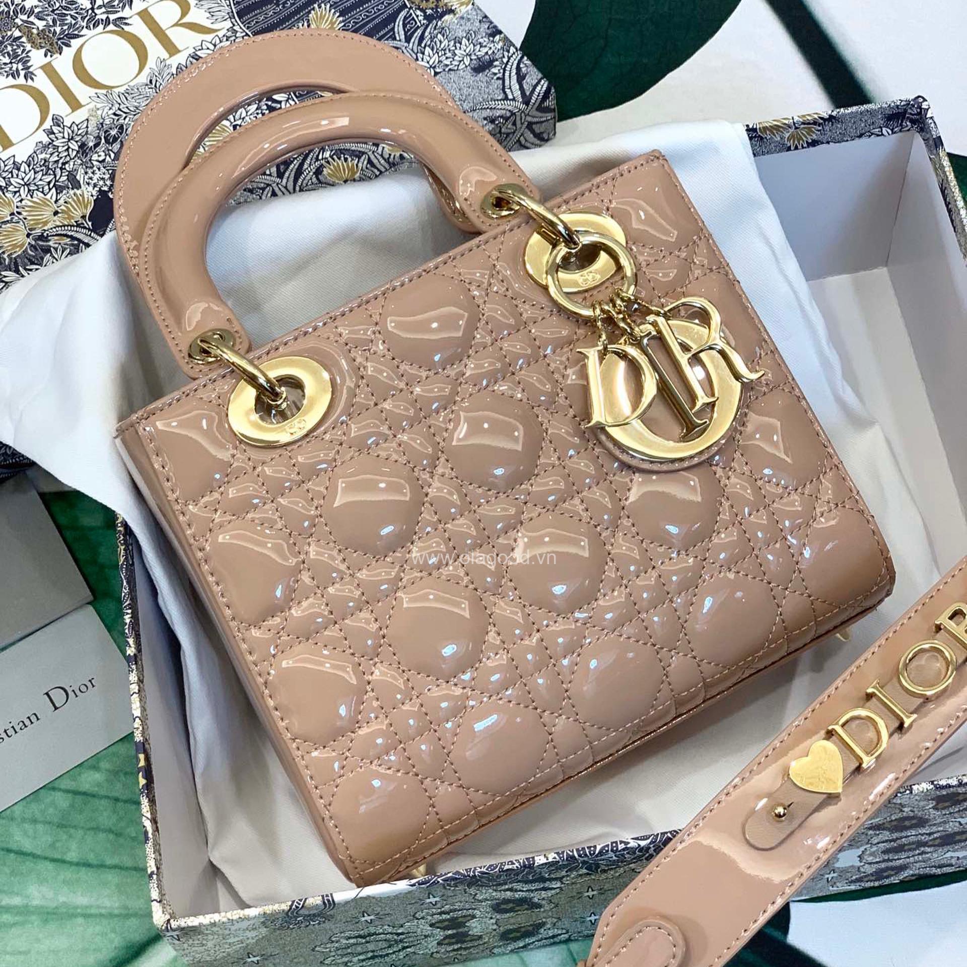 Túi xách dior lady 5 mắt da bóng màu hồng nhạt - DOLH026