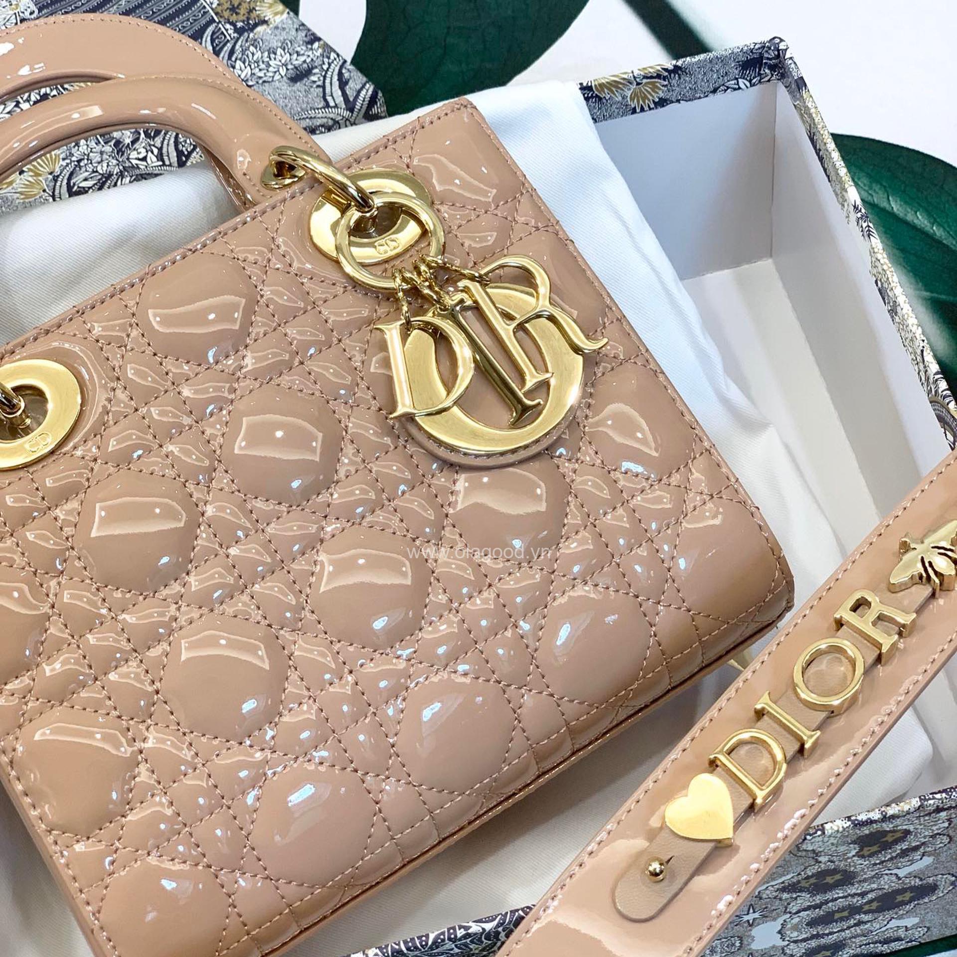 Túi xách dior lady 5 mắt da bóng màu hồng nhạt - DOLH026 - Hình ảnh 4