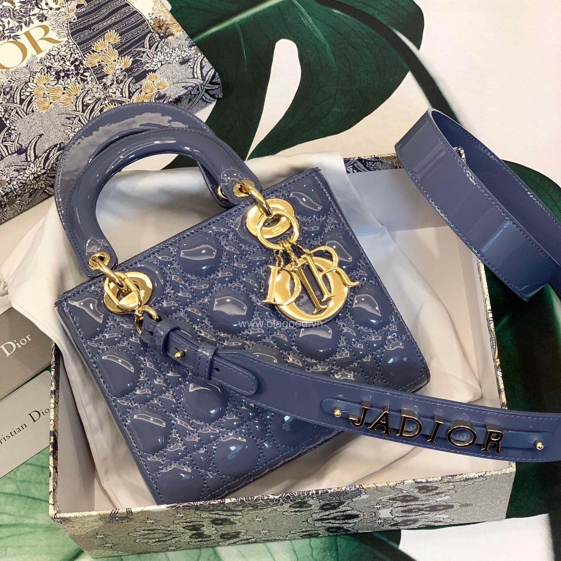 Túi xách dior lady 5 mắt da bóng màu xanh lam - DOLX028 - Hình ảnh 2