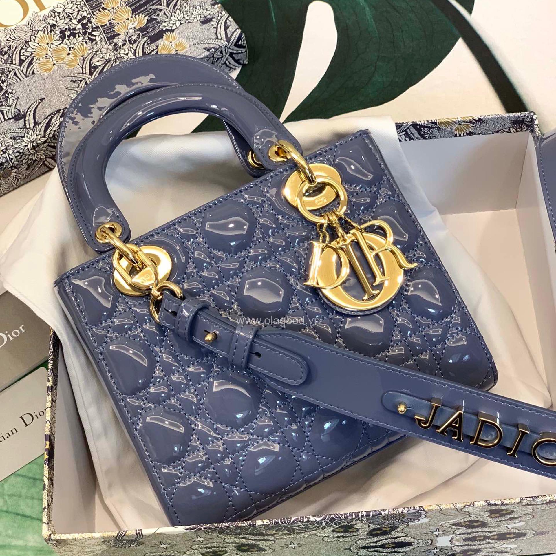 Túi xách dior lady 5 mắt da bóng màu xanh lam - DOLX028