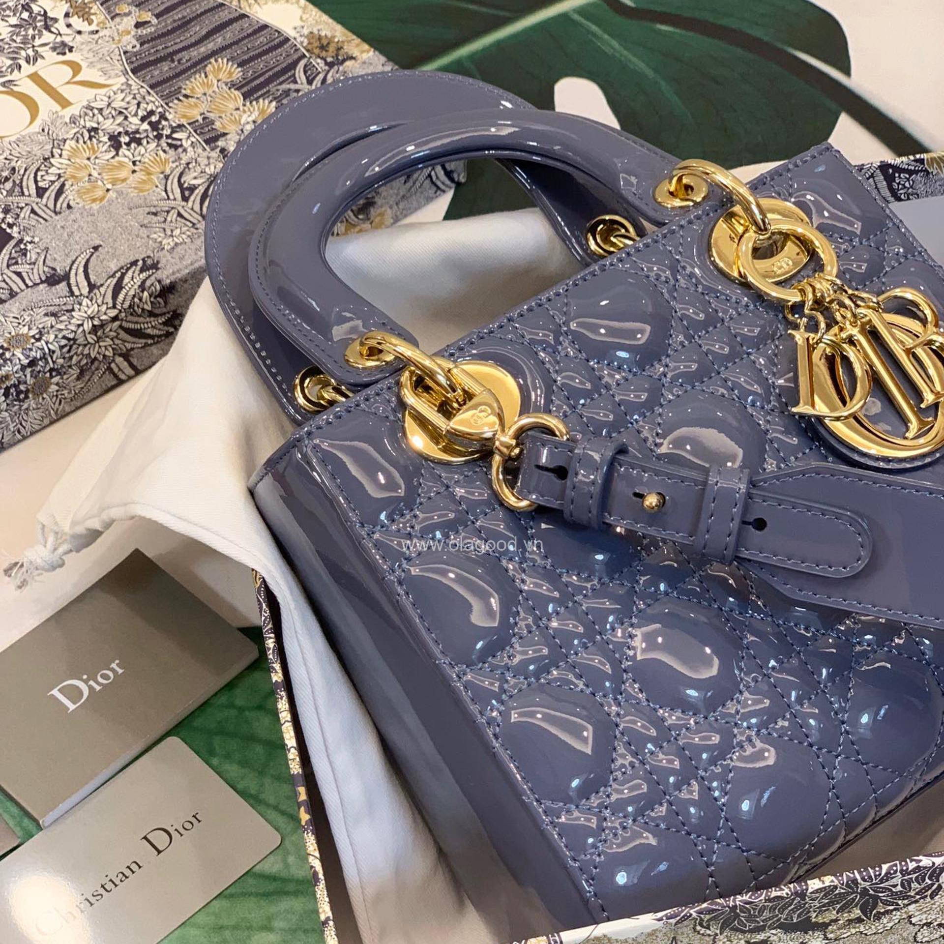 Túi xách dior lady 5 mắt da bóng màu xanh lam - DOLX028 - Hình ảnh 3