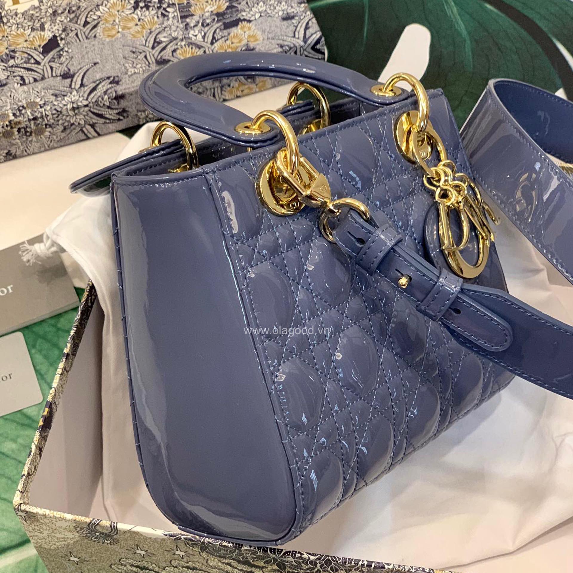 Túi xách dior lady 5 mắt da bóng màu xanh lam - DOLX028 - Hình ảnh 6