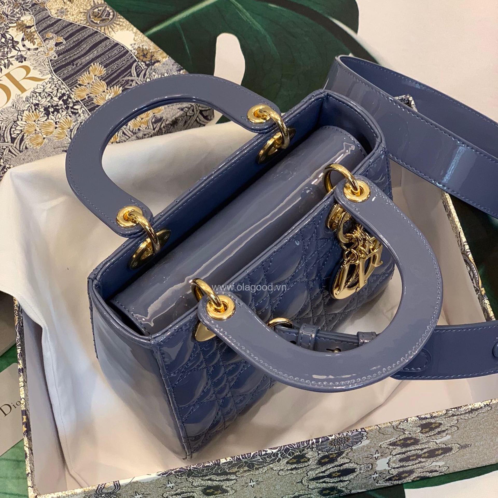 Túi xách dior lady 5 mắt da bóng màu xanh lam - DOLX028 - Hình ảnh 7