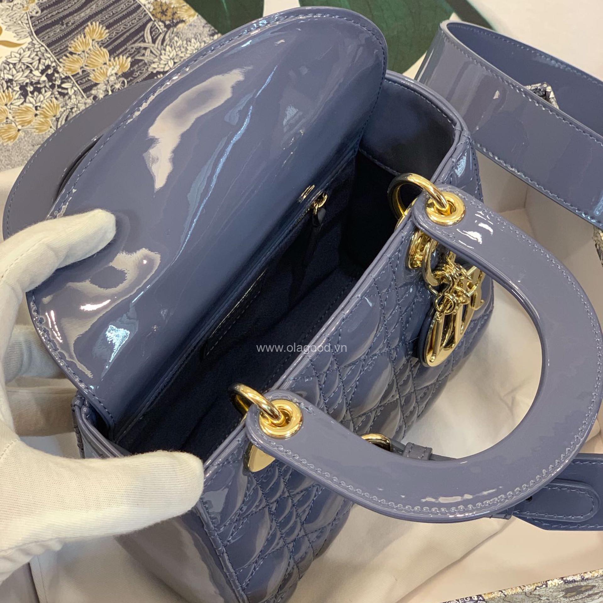 Túi xách dior lady 5 mắt da bóng màu xanh lam - DOLX028 - Hình ảnh 8