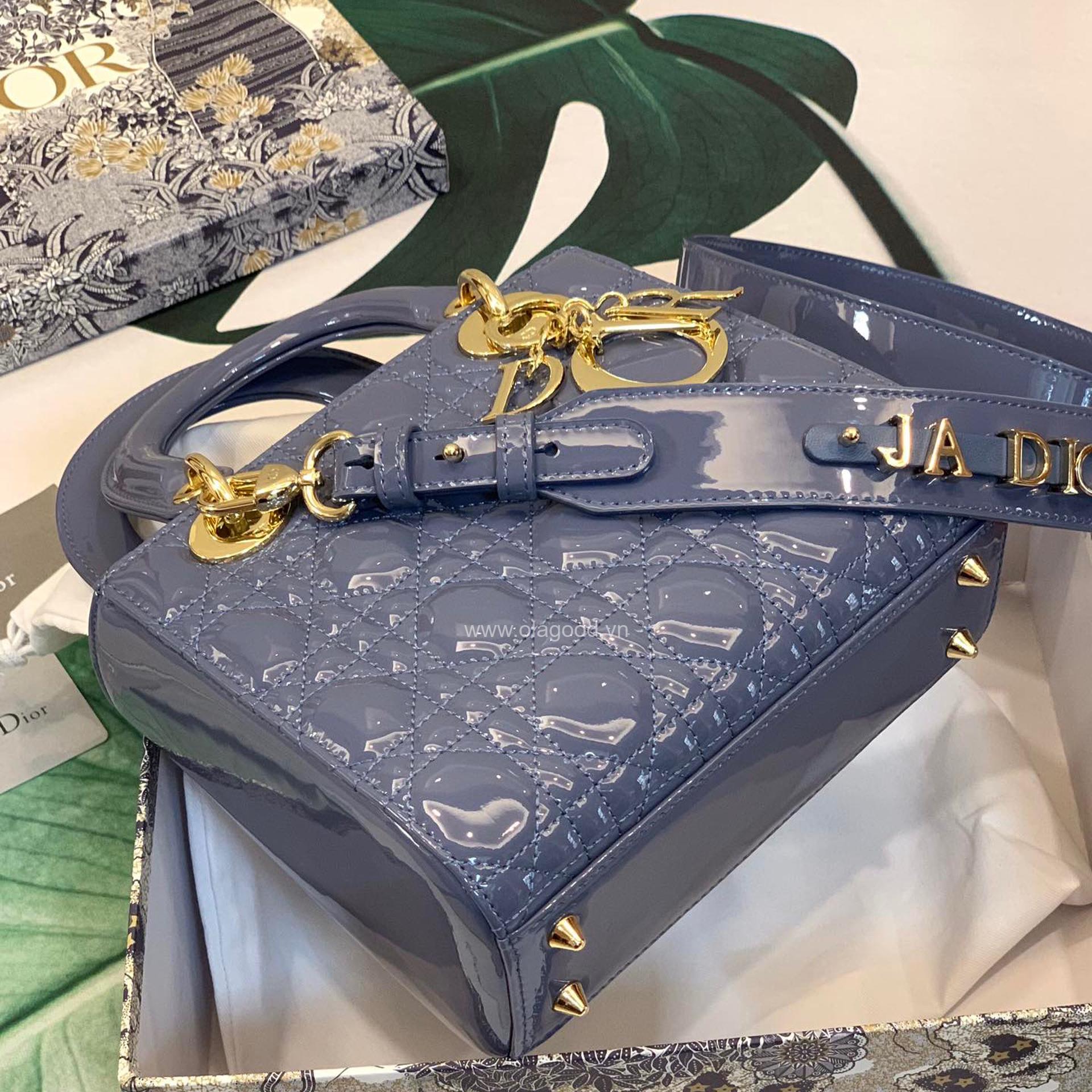 Túi xách dior lady 5 mắt da bóng màu xanh lam - DOLX028 - Hình ảnh 9