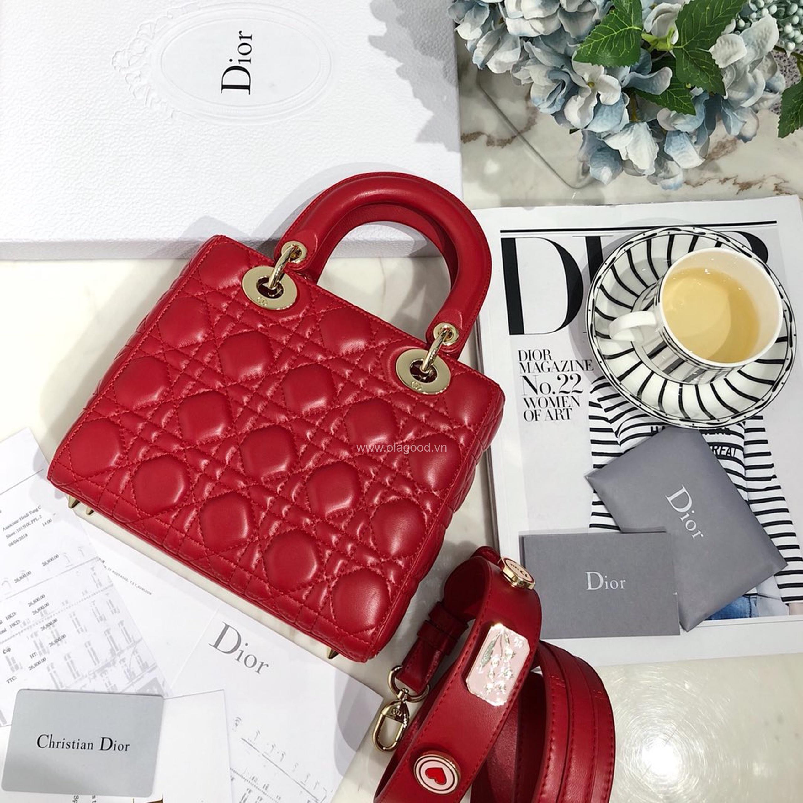Túi xách dior lady 5 mắt da lỳ màu đỏ - DOLD0210 - Hình ảnh 2