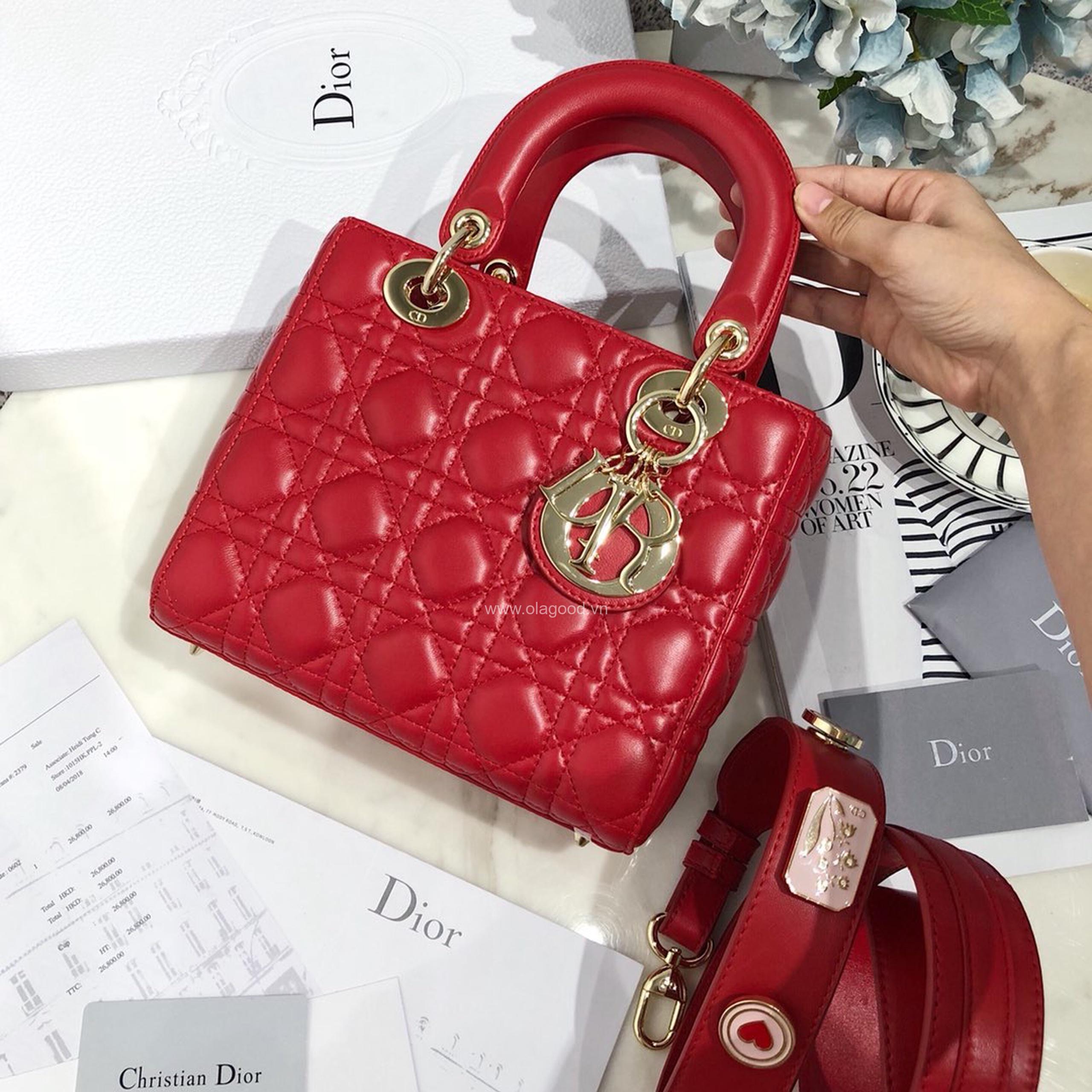 Túi xách dior lady 5 mắt da lỳ màu đỏ - DOLD0210