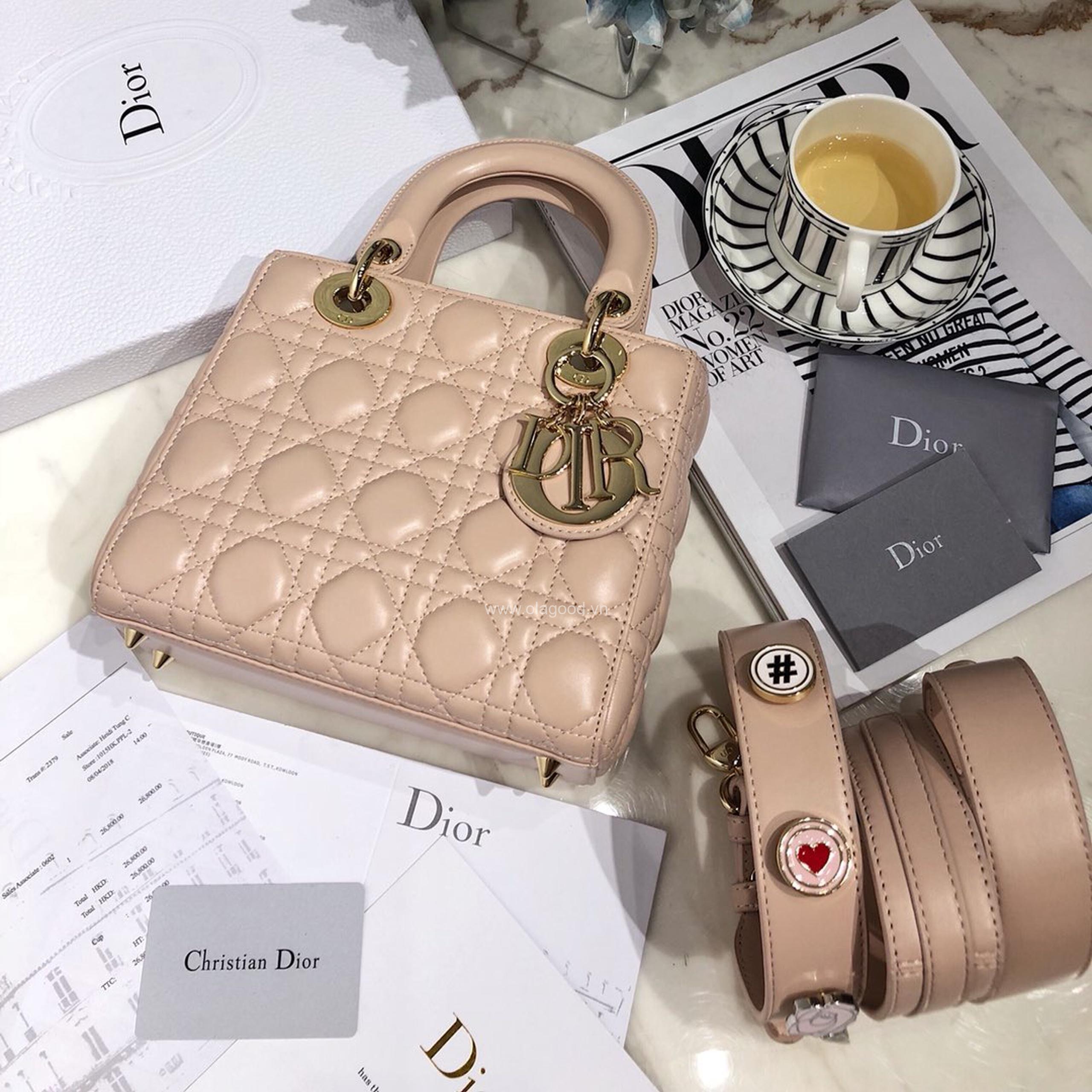 Túi xách dior lady 5 mắt da lỳ màu hồng nhạt - DOLH0211