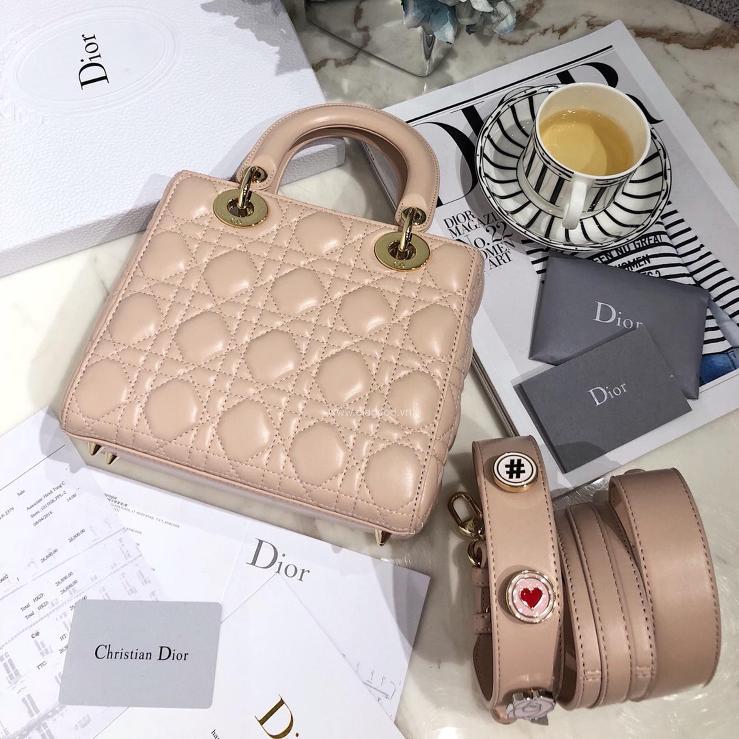 Túi xách dior lady 5 mắt da lỳ màu hồng nhạt - DOLH0211 - Hình ảnh 2