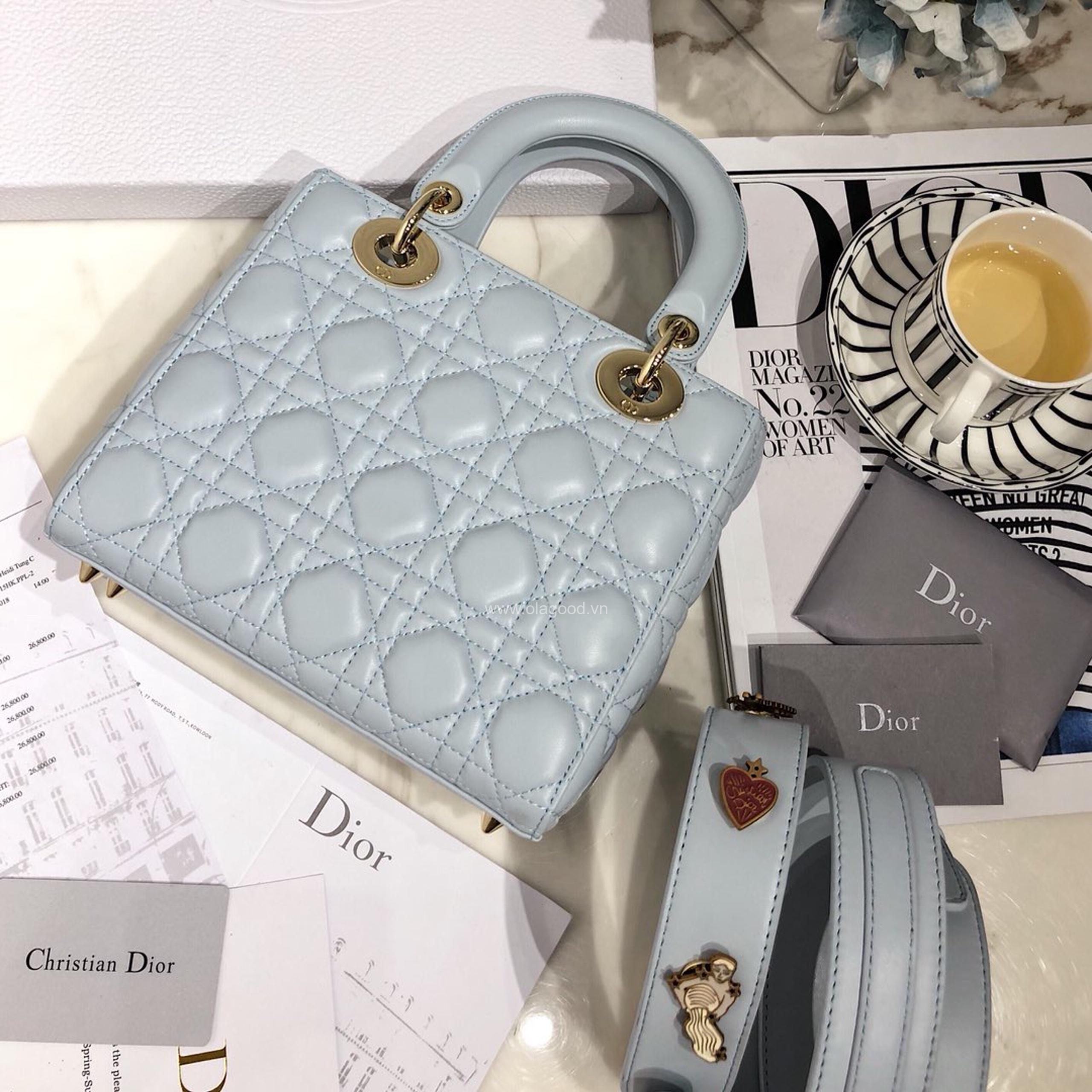 Túi xách dior lady 5 mắt da lỳ màu xanh nhạt - DOLX0214 - Hình ảnh 2