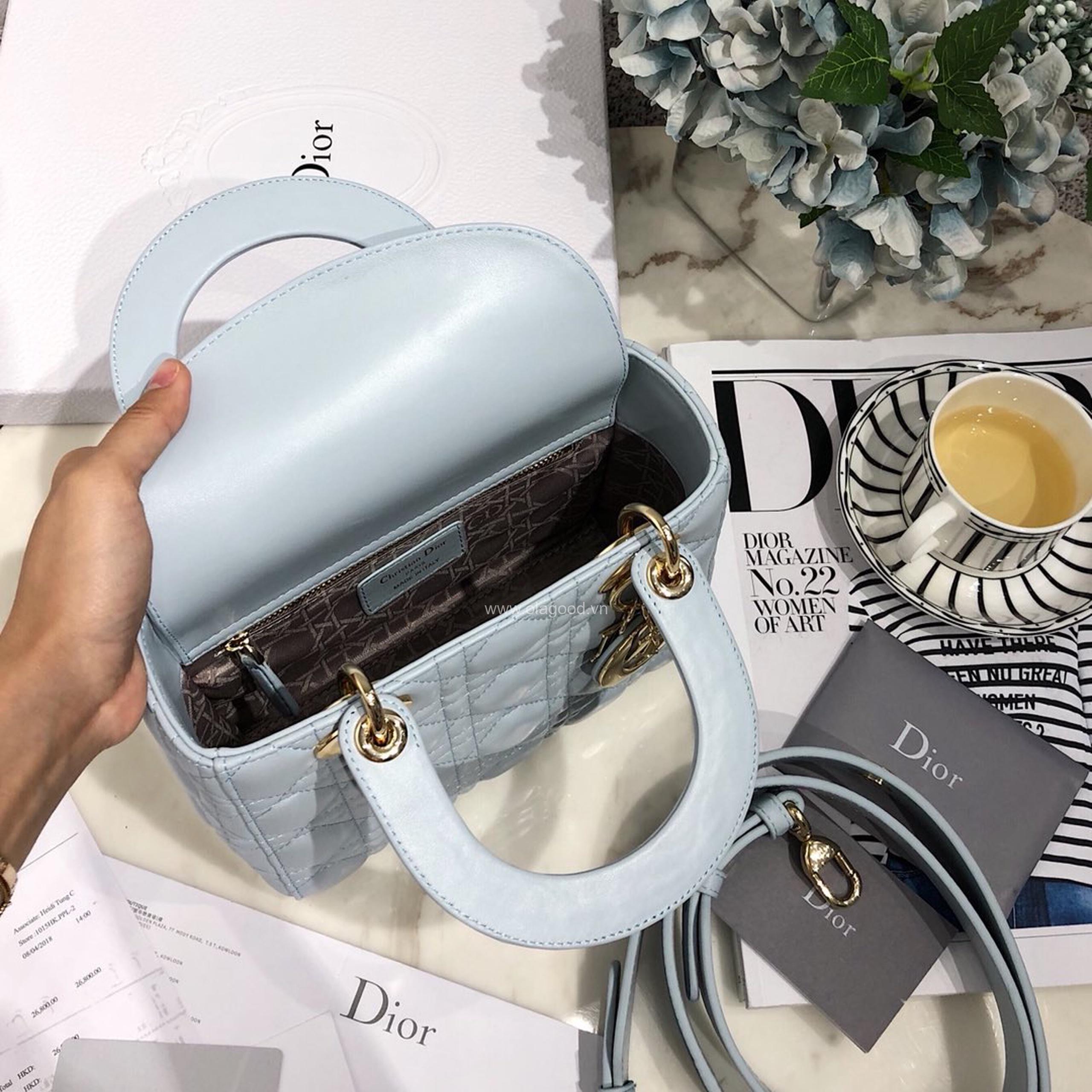 Túi xách dior lady 5 mắt da lỳ màu xanh nhạt - DOLX0214 - Hình ảnh 5