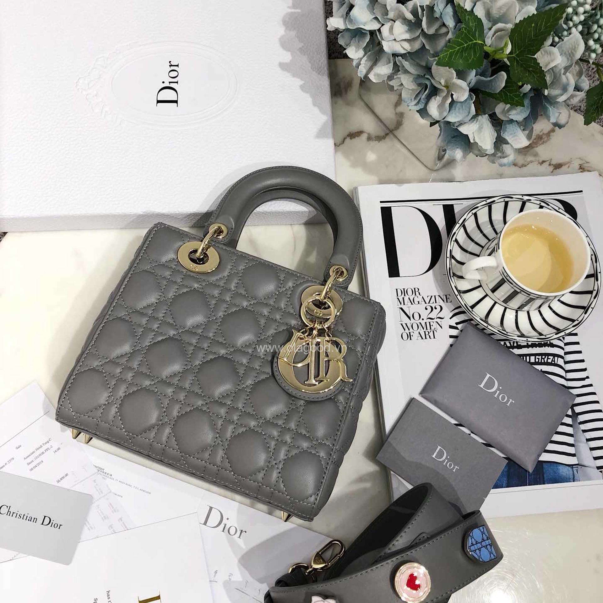 Túi xách dior lady 5 mắt da lỳ màu xám - DOLX0217