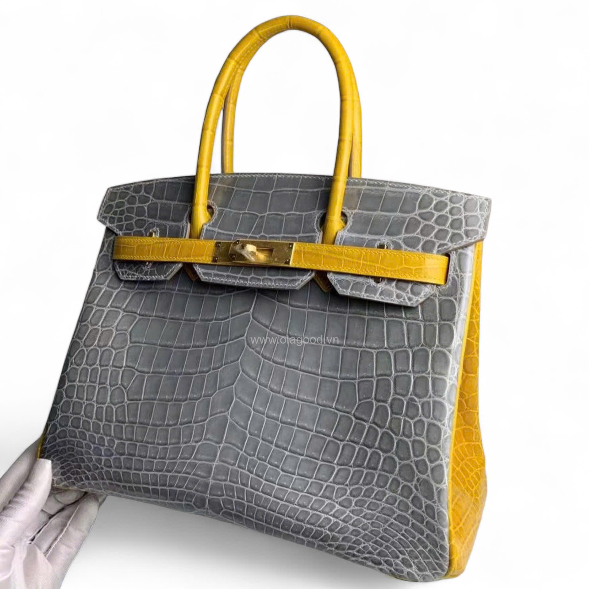 Túi xách Hermes Birkin da cá sấu phối xám vàng size 30 - HBXV024S - Hình ảnh 4