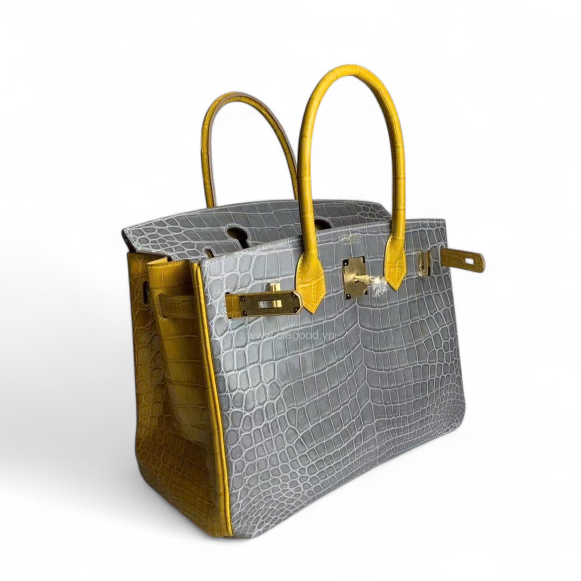 Túi xách Hermes Birkin da cá sấu phối xám vàng size 30 - HBXV024S - Hình ảnh 5