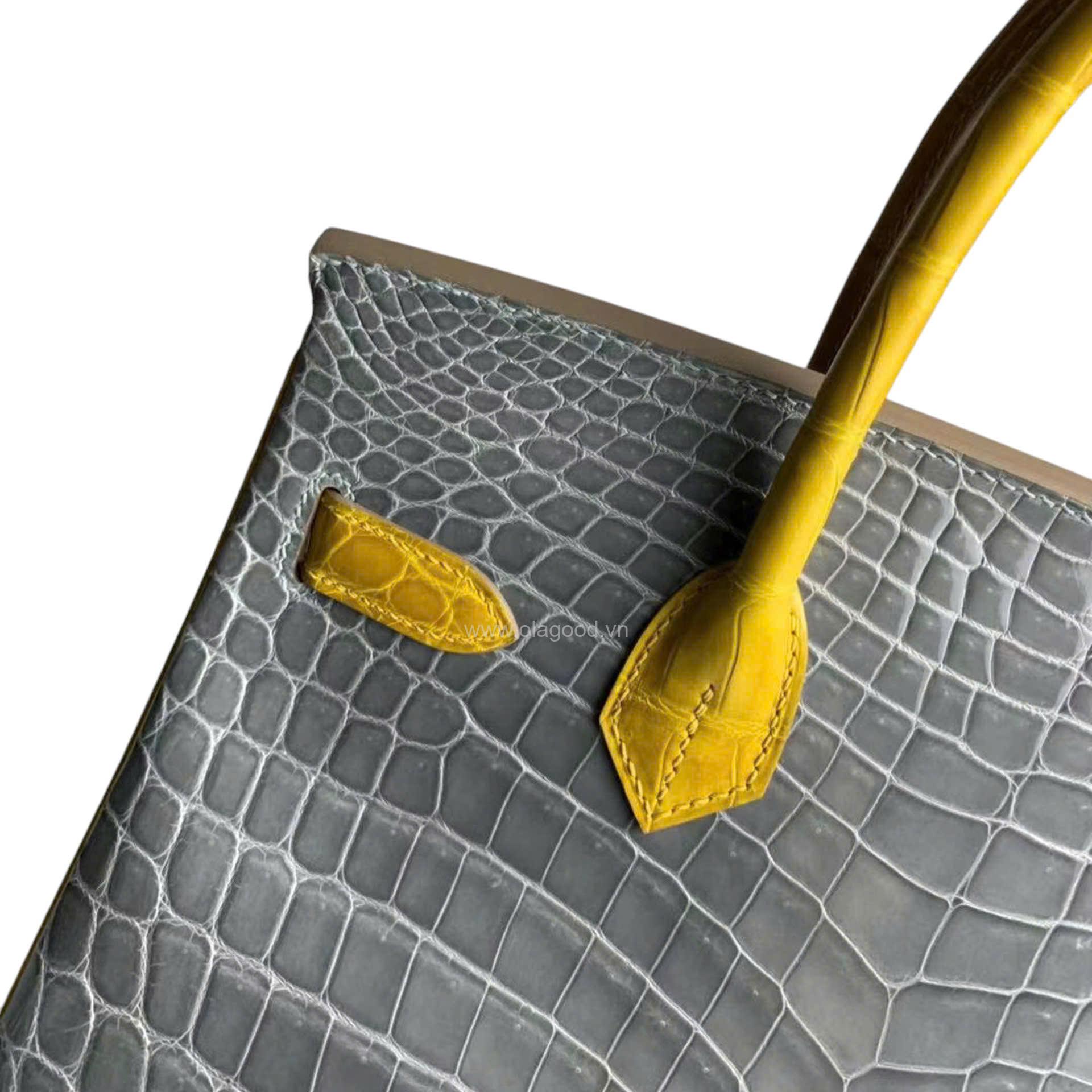 Túi xách Hermes Birkin da cá sấu phối xám vàng size 30 - HBXV024S - Hình ảnh 7
