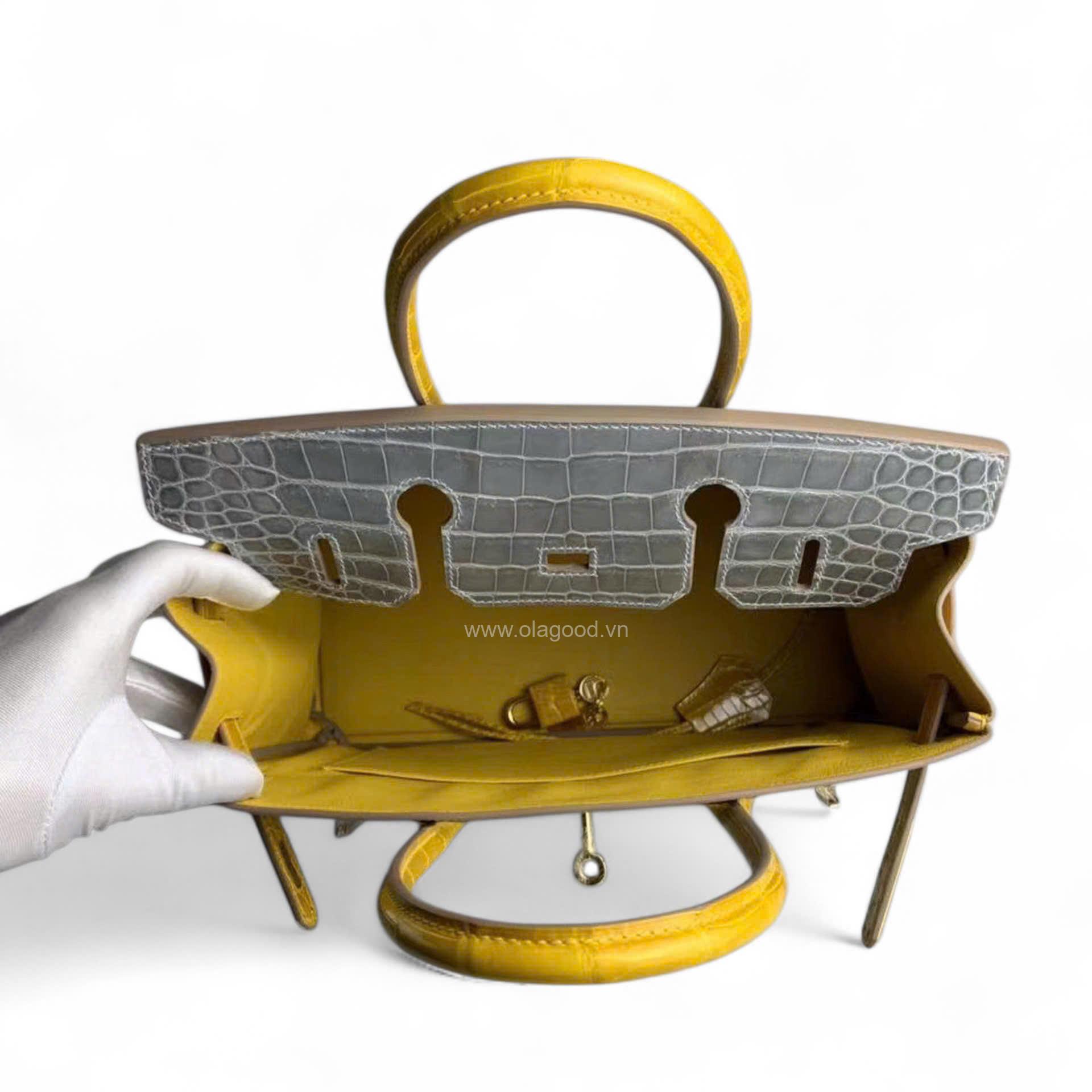 Túi xách Hermes Birkin da cá sấu phối xám vàng size 30 - HBXV024S - Hình ảnh 9