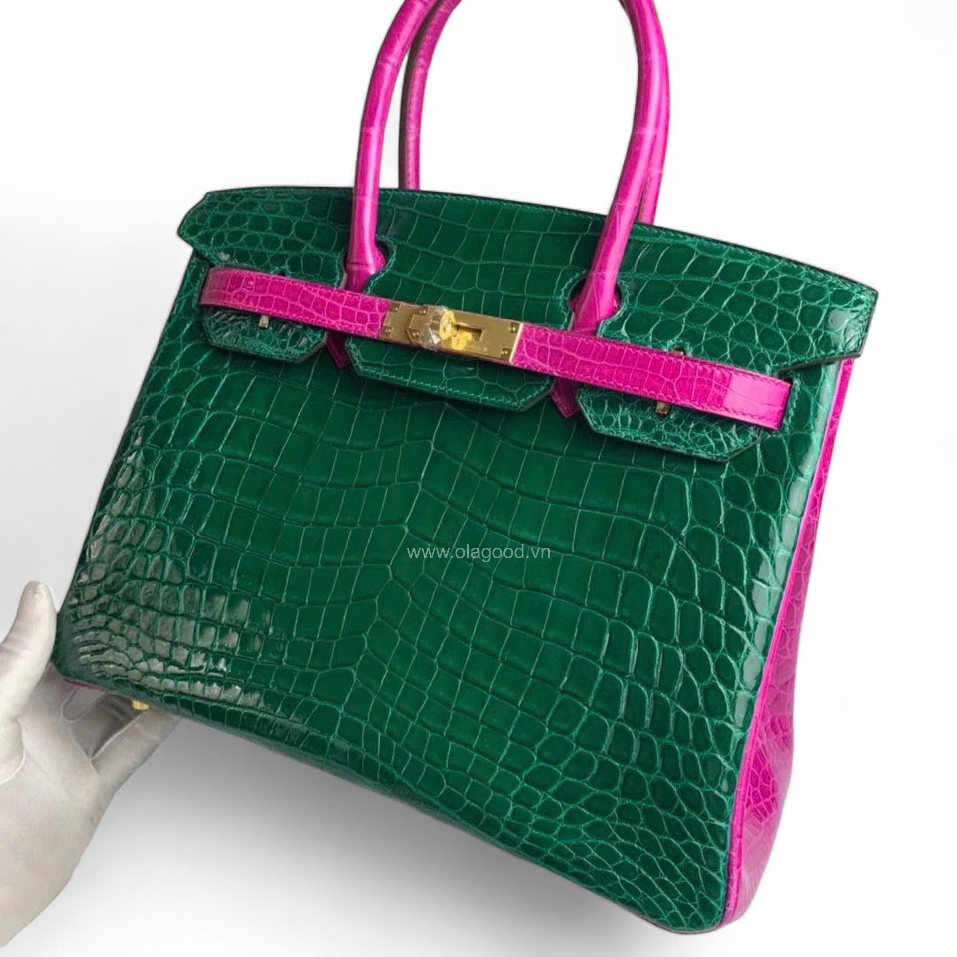 Túi xách Hermes Birkin da cá sấu phối xanh hồng size 30 - HBXH022S - Hình ảnh 4