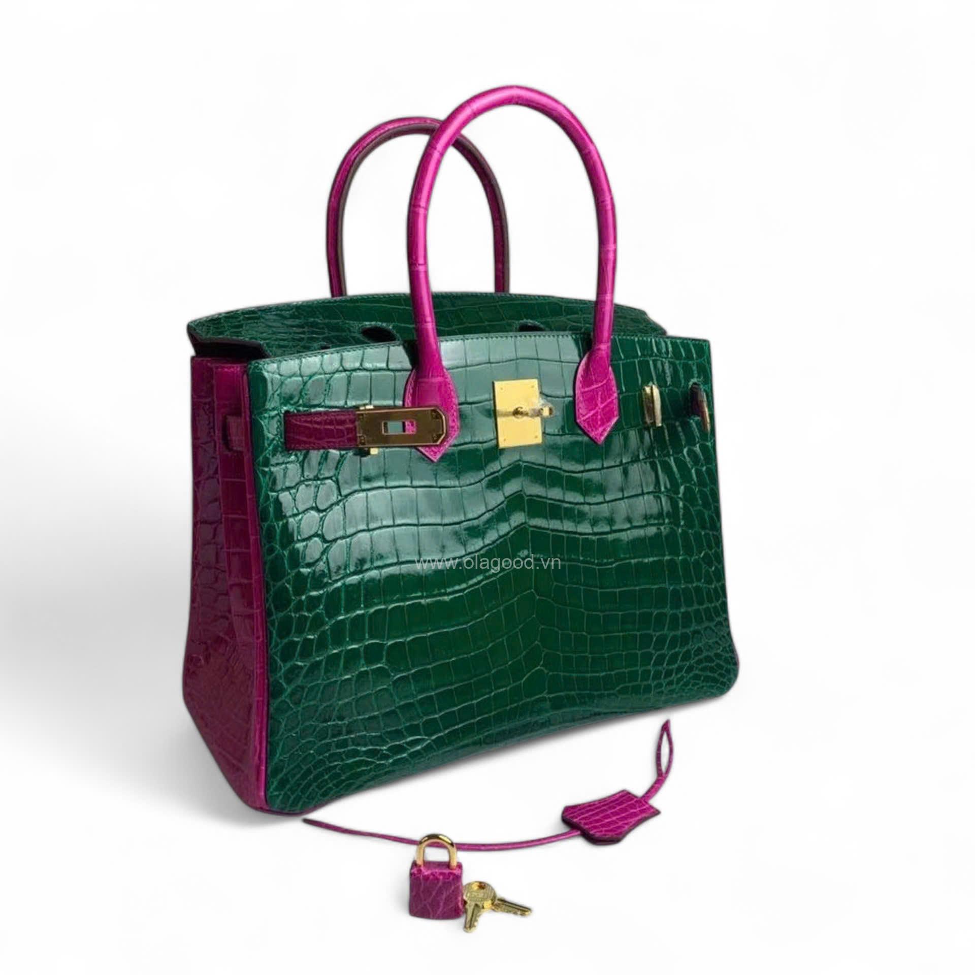 Túi xách Hermes Birkin da cá sấu phối xanh hồng size 30 - HBXH022S - Hình ảnh 6