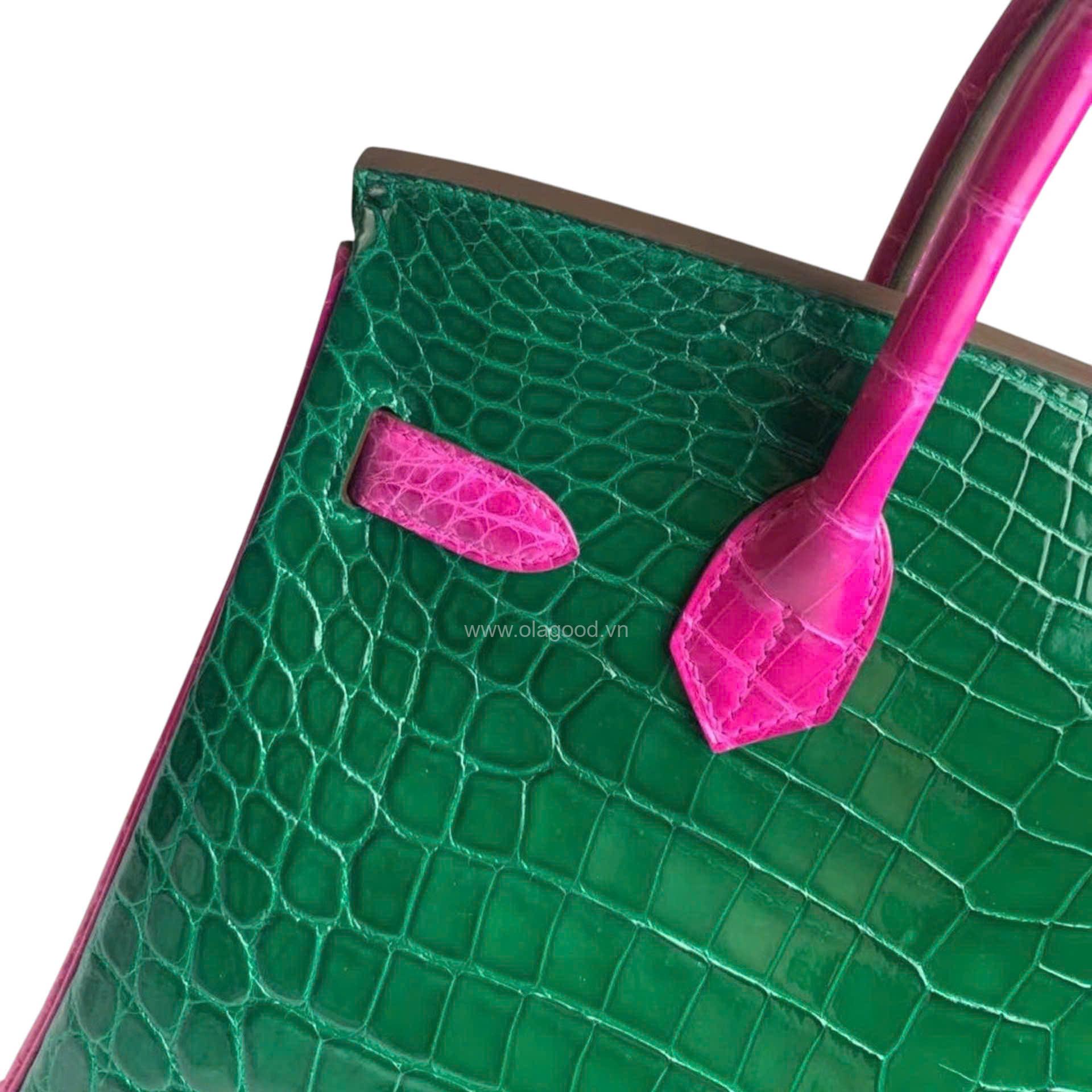 Túi xách Hermes Birkin da cá sấu phối xanh hồng size 30 - HBXH022S - Hình ảnh 8