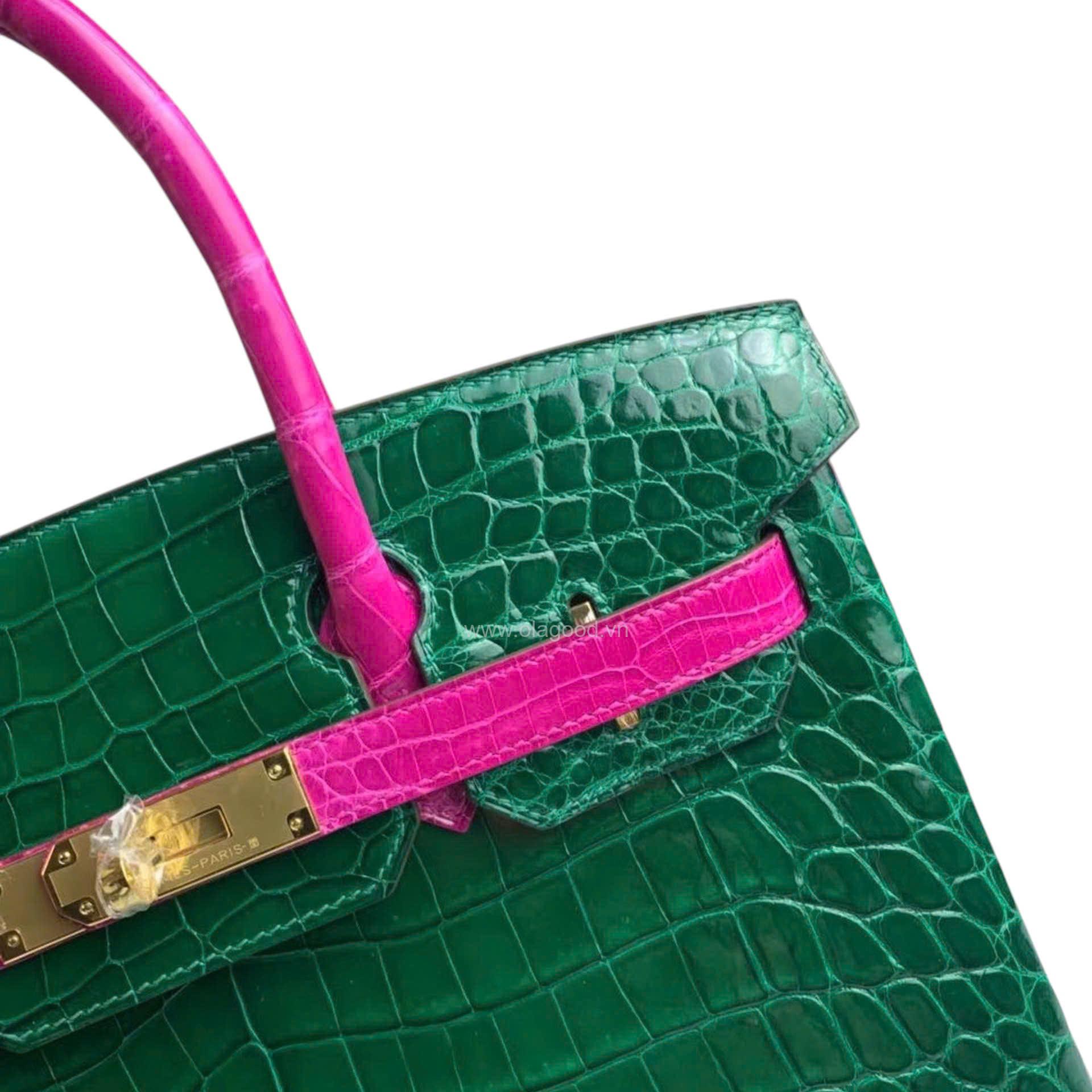 Túi xách Hermes Birkin da cá sấu phối xanh hồng size 30 - HBXH022S - Hình ảnh 9
