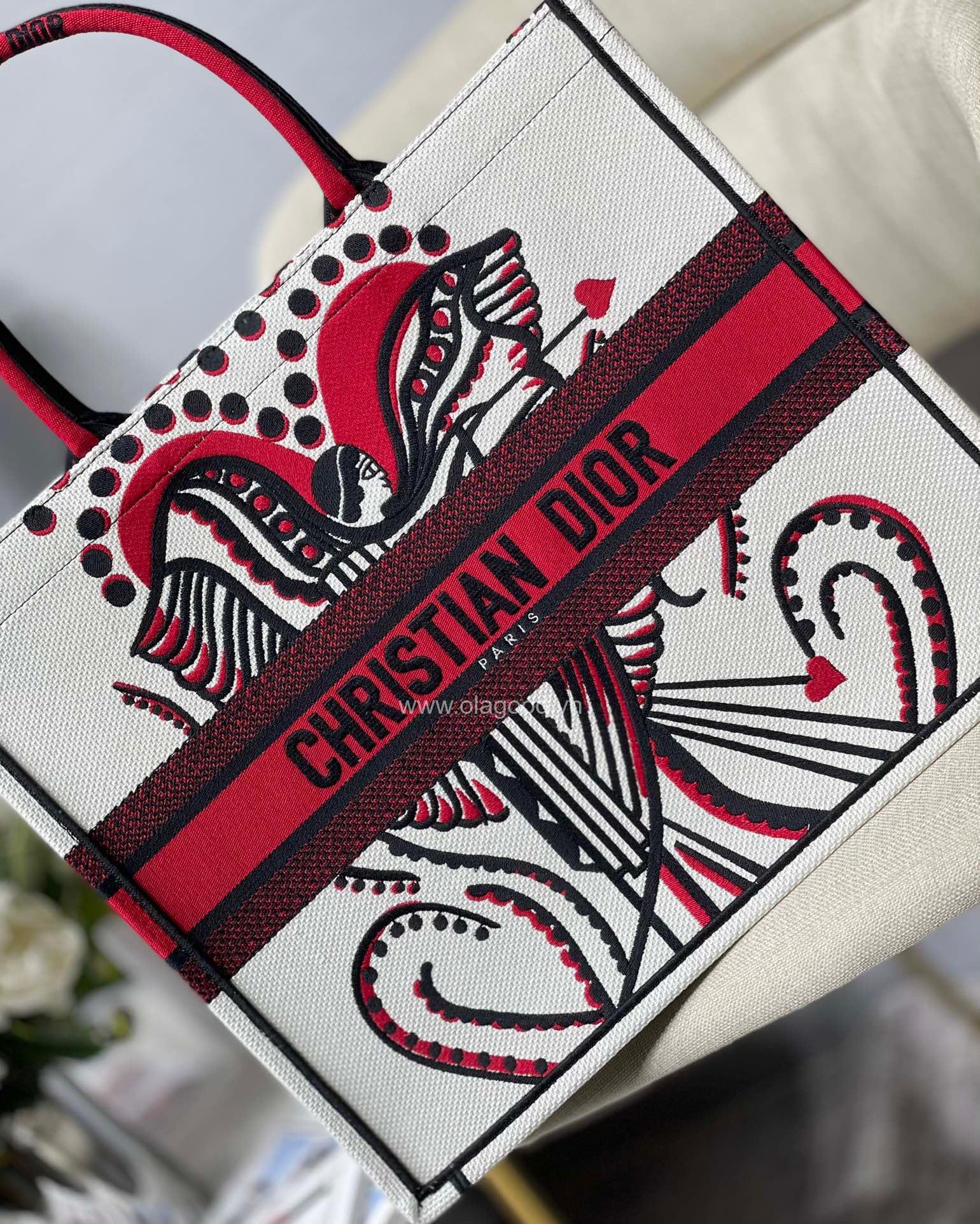 Túi Medium Dior Book Tote Latte Multicolor Cupidon Embroidery- DOBT022 - Hình ảnh 4