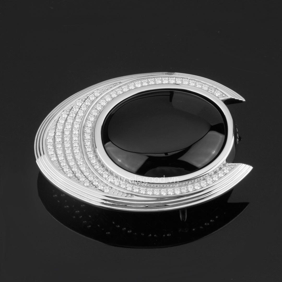 Khóa dây lưng mặt đá đen mã não bạc ý 925 - KB0122