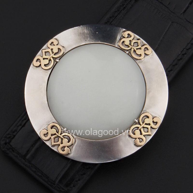 Mặt khóa dây lưng bạc ý 925 đính ngọc bích Hetian-Họa tiết vàng 18K - KB0113