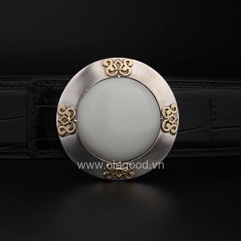 Mặt khóa dây lưng bạc ý 925 đính ngọc bích Hetian-Họa tiết vàng 18K - KB0113 - Hình ảnh 2