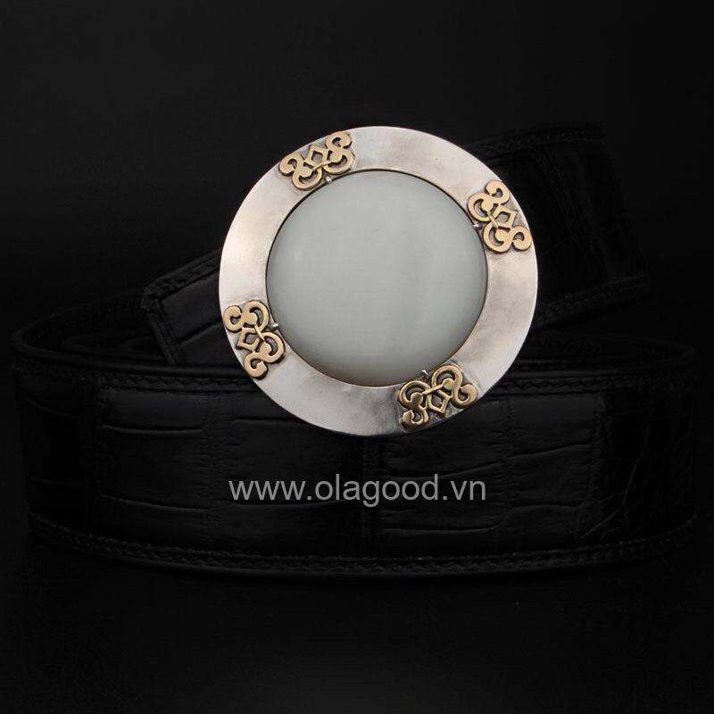 Mặt khóa dây lưng bạc ý 925 đính ngọc bích Hetian-Họa tiết vàng 18K - KB0113 - Hình ảnh 3