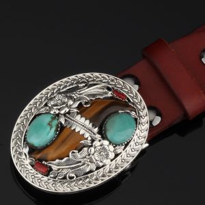 Mặt thắt lưng khảm đá mắt hổ, san hô đỏ bạc ý 925 - KB0133