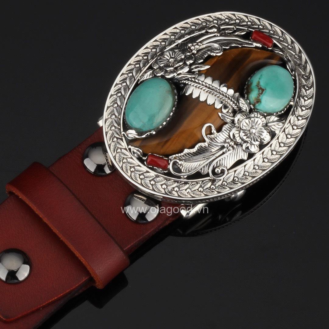 Mặt thắt lưng khảm đá mắt hổ, san hô đỏ bạc ý 925 - KB0133 - Hình ảnh 2