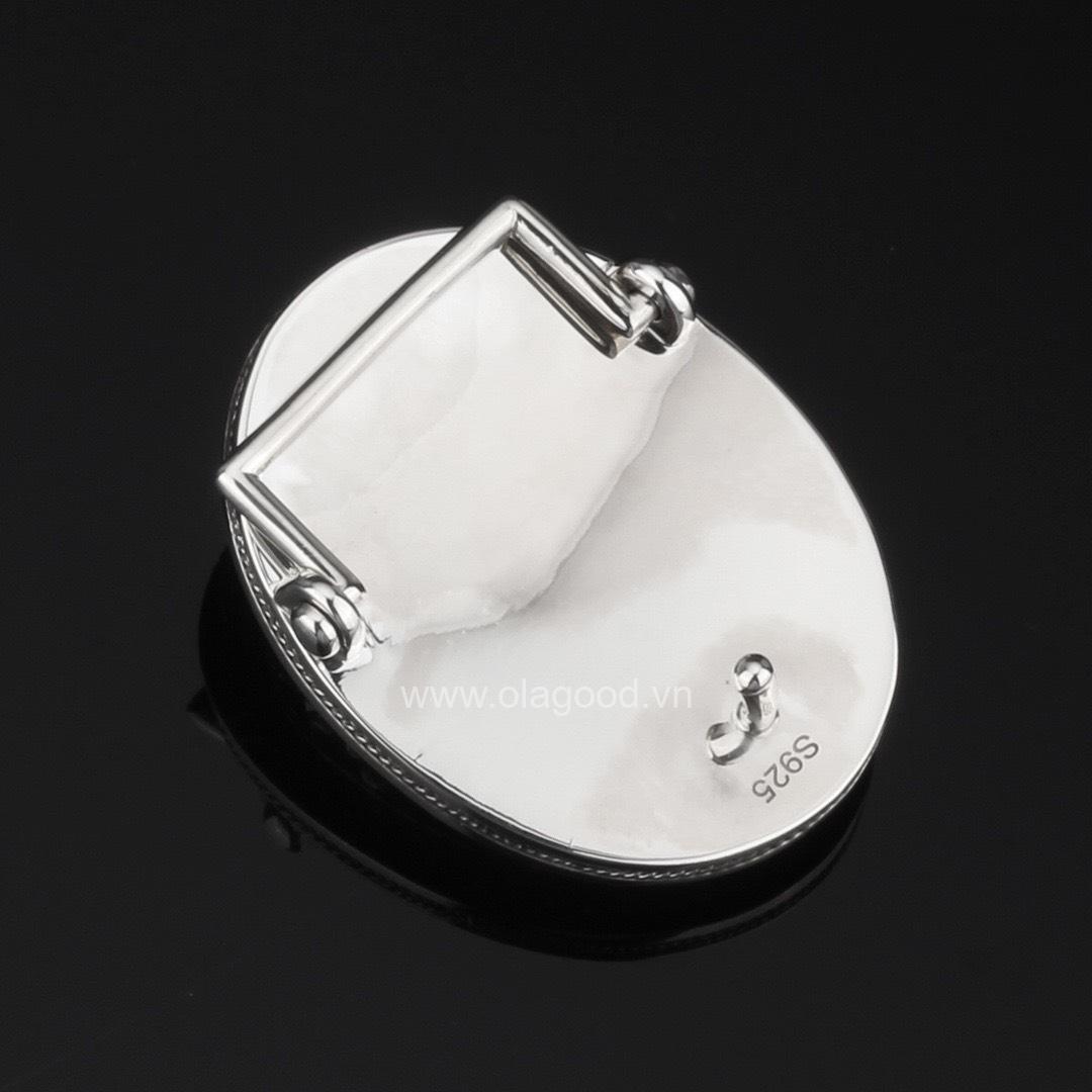 Mặt thắt lưng khảm đá mắt hổ, san hô đỏ bạc ý 925 - KB0133 - Hình ảnh 5