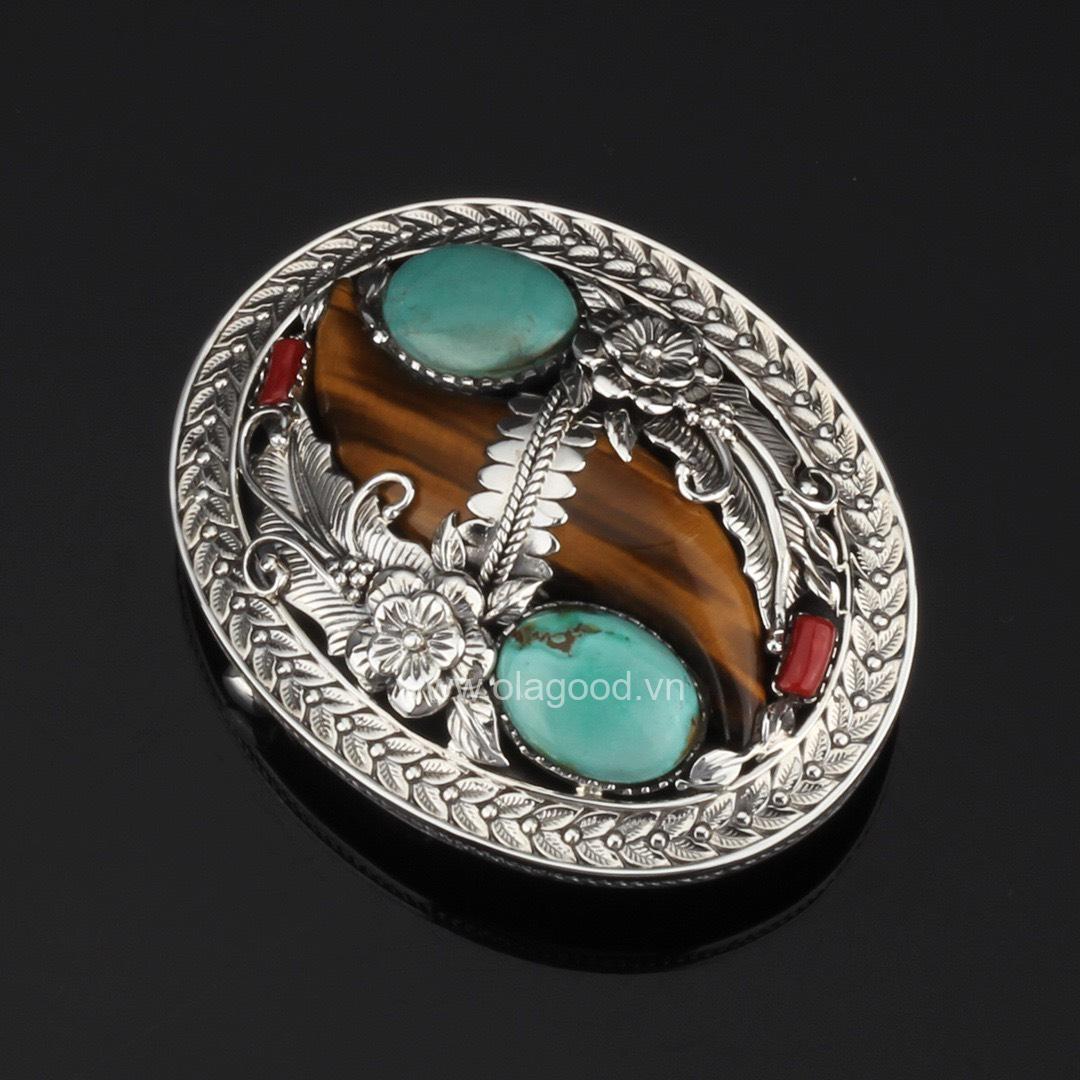 Mặt thắt lưng khảm đá mắt hổ, san hô đỏ bạc ý 925 - KB0133 - Hình ảnh 3
