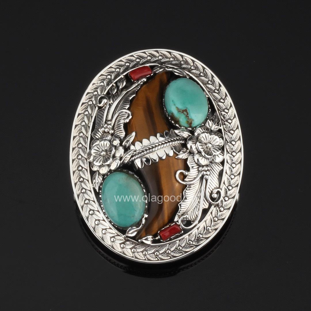 Mặt thắt lưng khảm đá mắt hổ, san hô đỏ bạc ý 925 - KB0133 - Hình ảnh 4