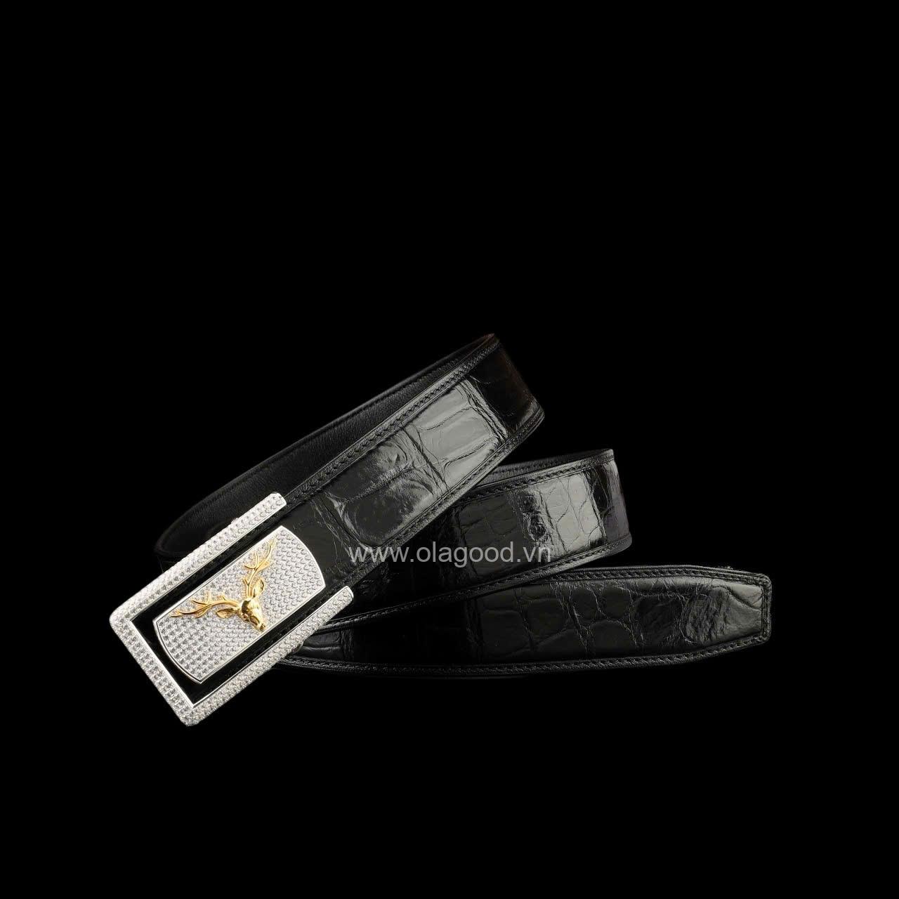 Thắt lưng da cá sấu - Khóa bạc Ý S925 cao cấp hình đầu hươu