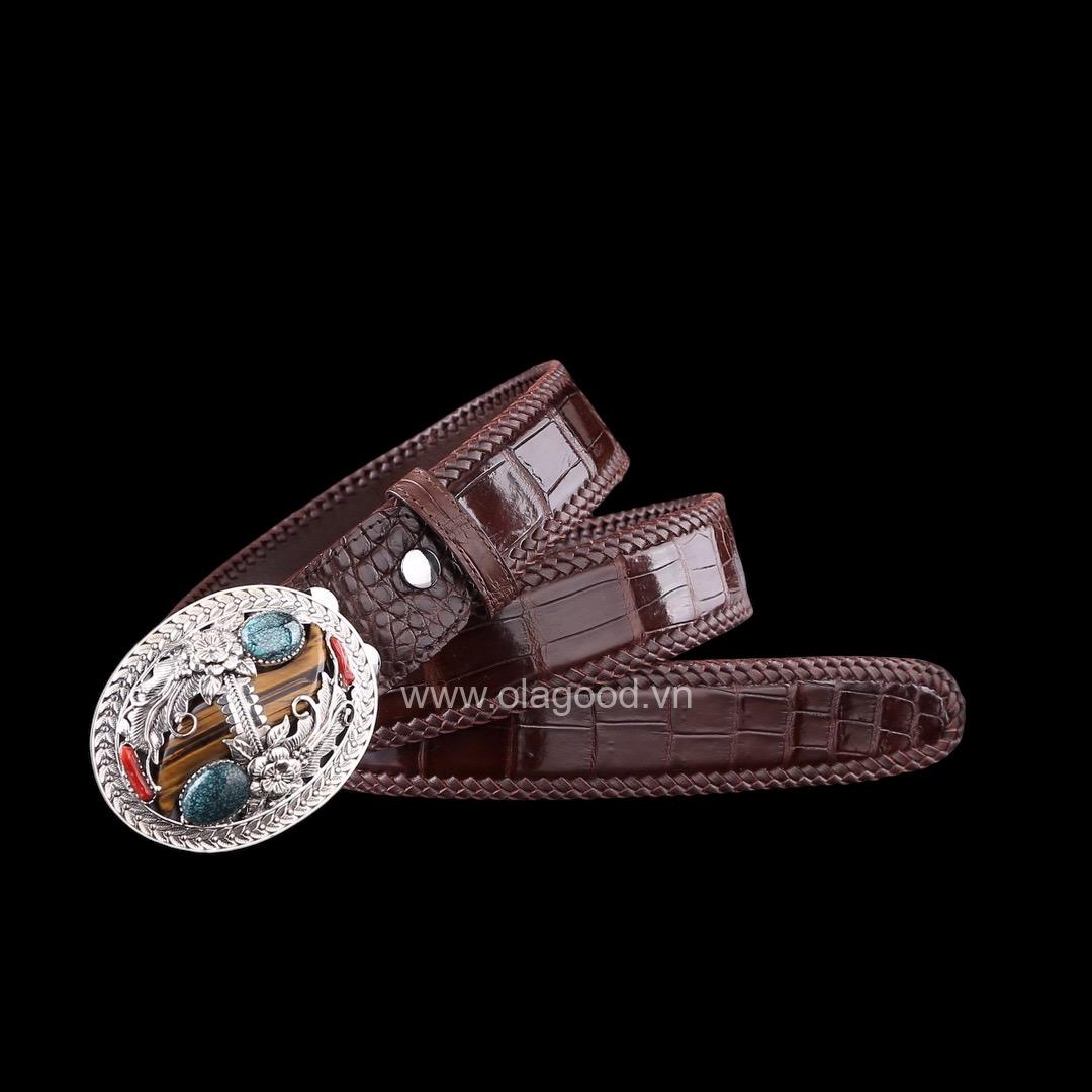 Thắt lưng cá sấu xịn - Khóa bạc Ý S925 điêu khắc thủ công