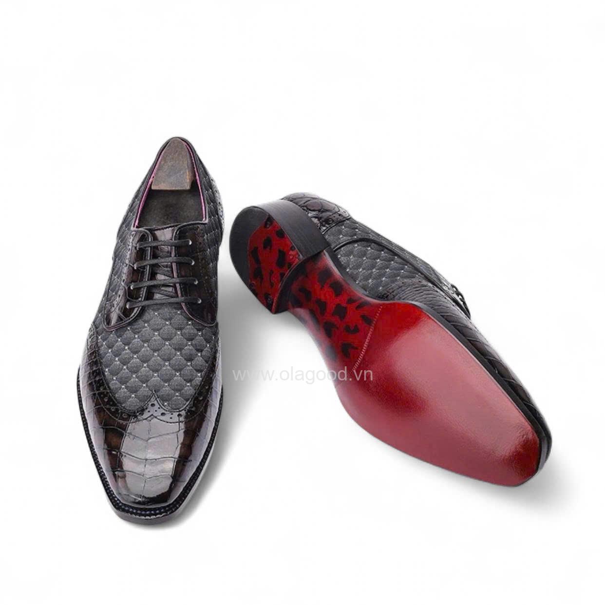 Giày wingtips derby da cá sấu nile kết hợp vải Scabal nhập khẩu - Cấu trúc goodyear handmade - GDGY0131S - Hình ảnh 4