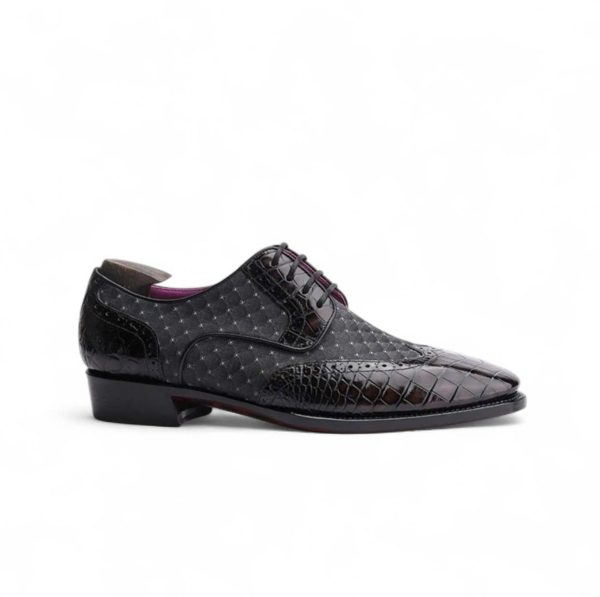 Giày wingtips derby da cá sấu nile kết hợp vải Scabal nhập khẩu - Cấu trúc goodyear handmade - GDGY0131S - Hình ảnh 3