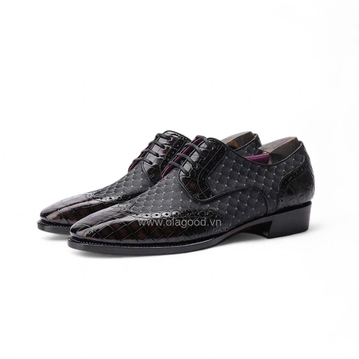 Giày wingtips derby da cá sấu nile kết hợp vải Scabal nhập khẩu - Cấu trúc goodyear handmade - GDGY0131S