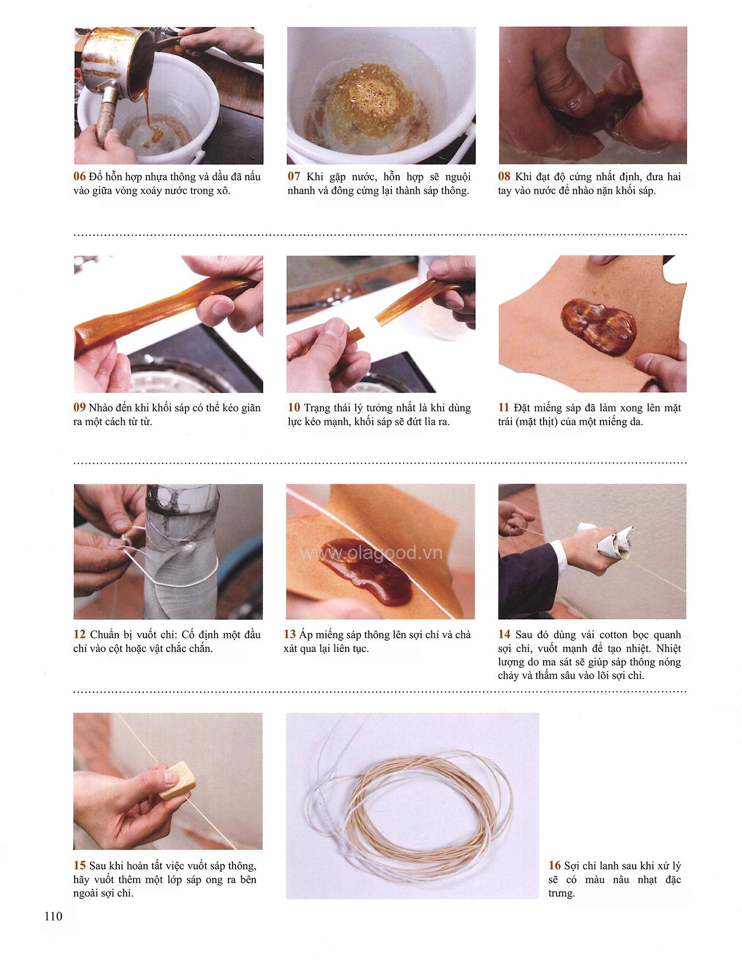 Quá trình vuốt sáp nhựa thông cho chỉ khâu