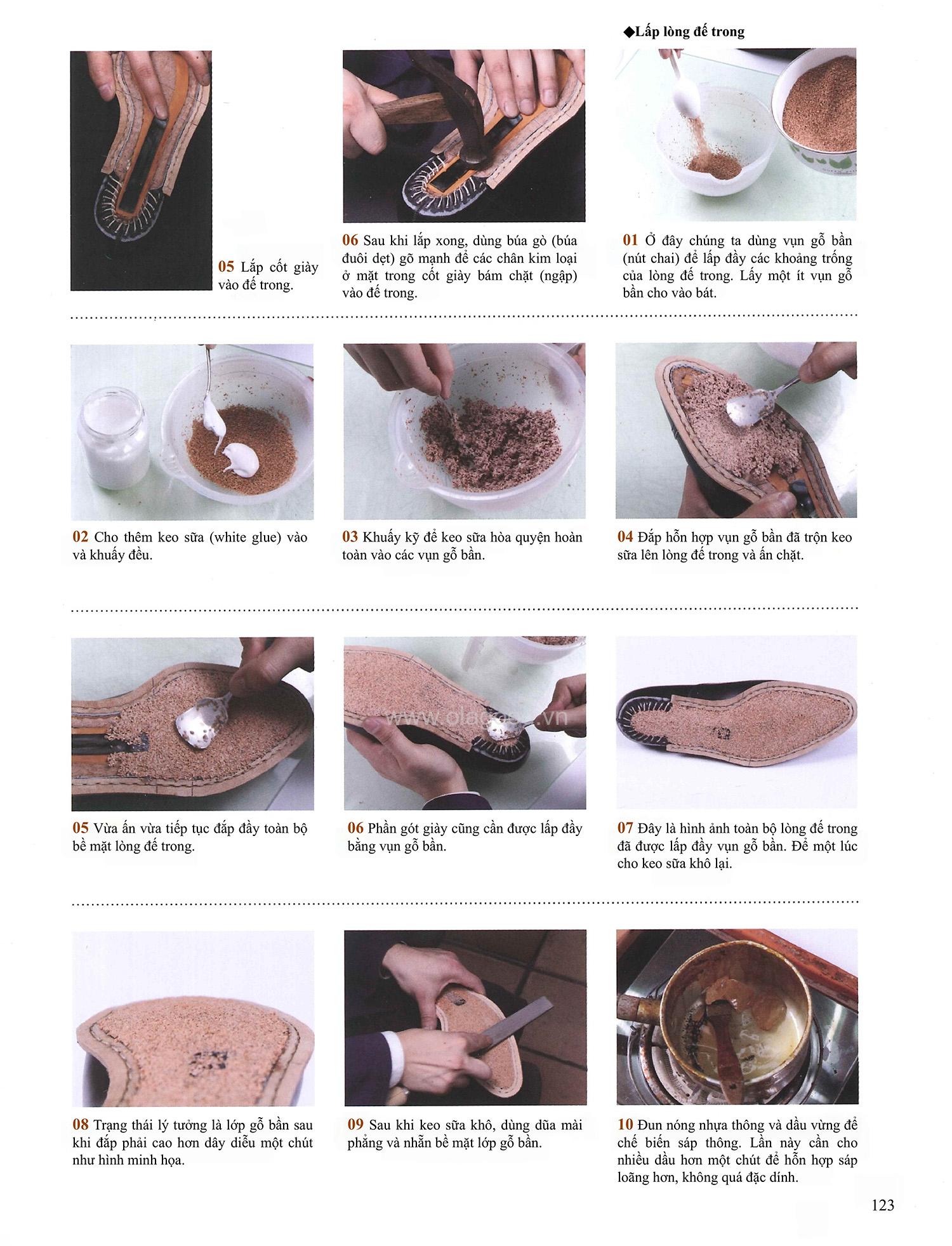 Công đoạn lấp lòng đế trong bằng gỗ bần của một đôi giày handmade cao cấp